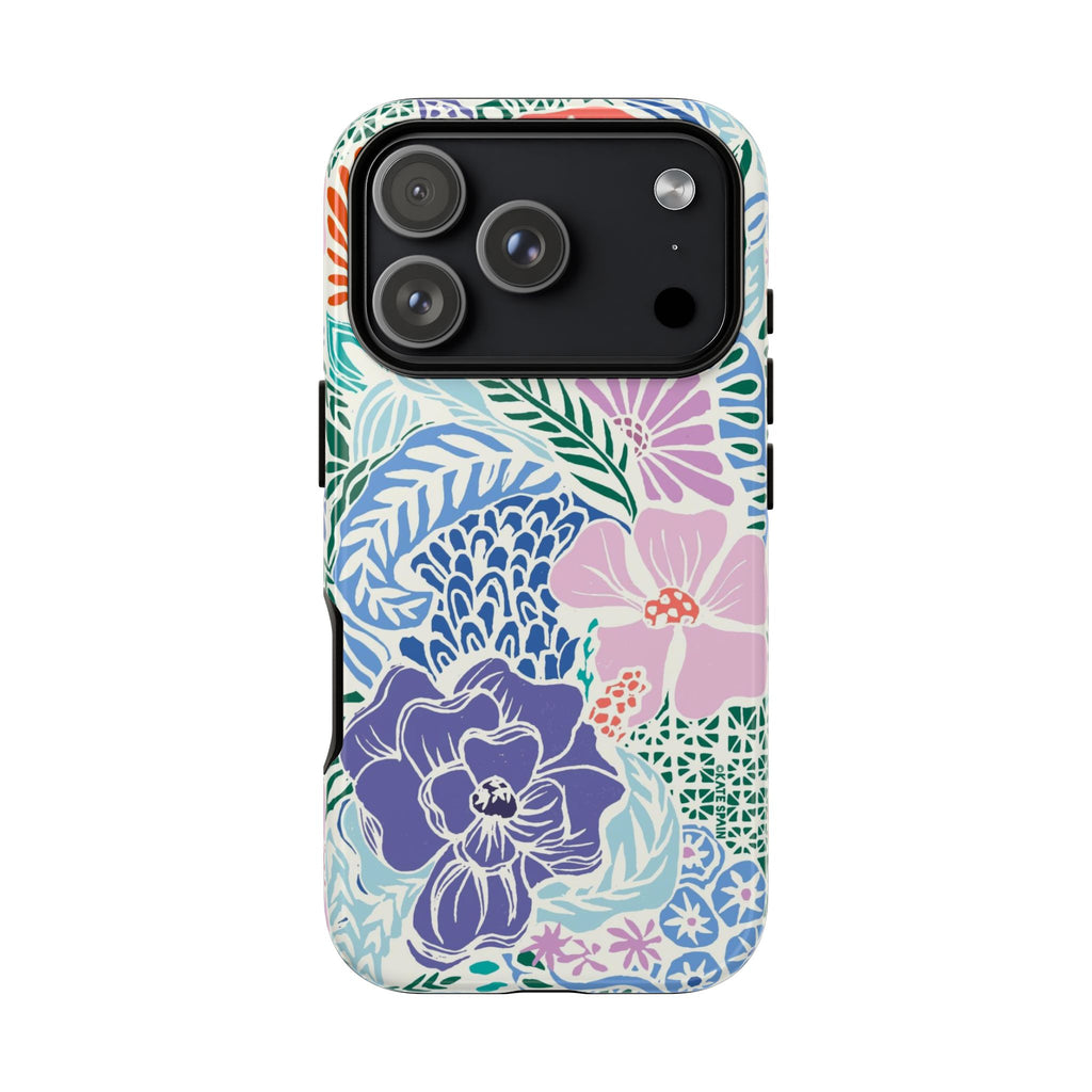 Tropica Tough iPhone 17 Pro Case – Glossy | purple, coral, pink, blue botanical tropical floral print