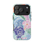 Tropica Tough iPhone 17 Pro Case – Glossy | purple, coral, pink, blue botanical tropical floral print