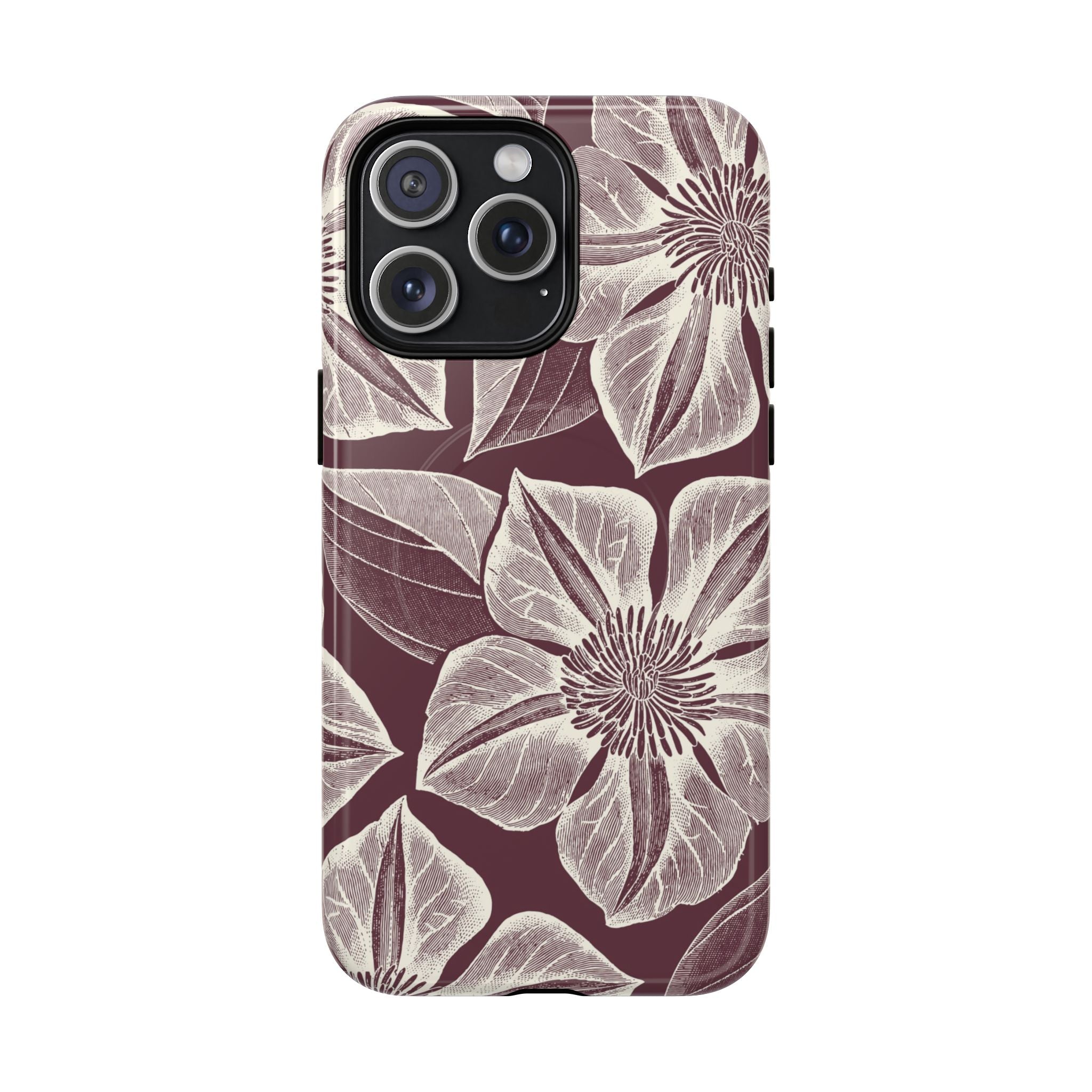 Vintage Bloom Burgundy MagSafe iPhone 15 Plus Case – Matte | burgundy ground, large-scale cream clematis print, engraved petal detail, dual-layer protection