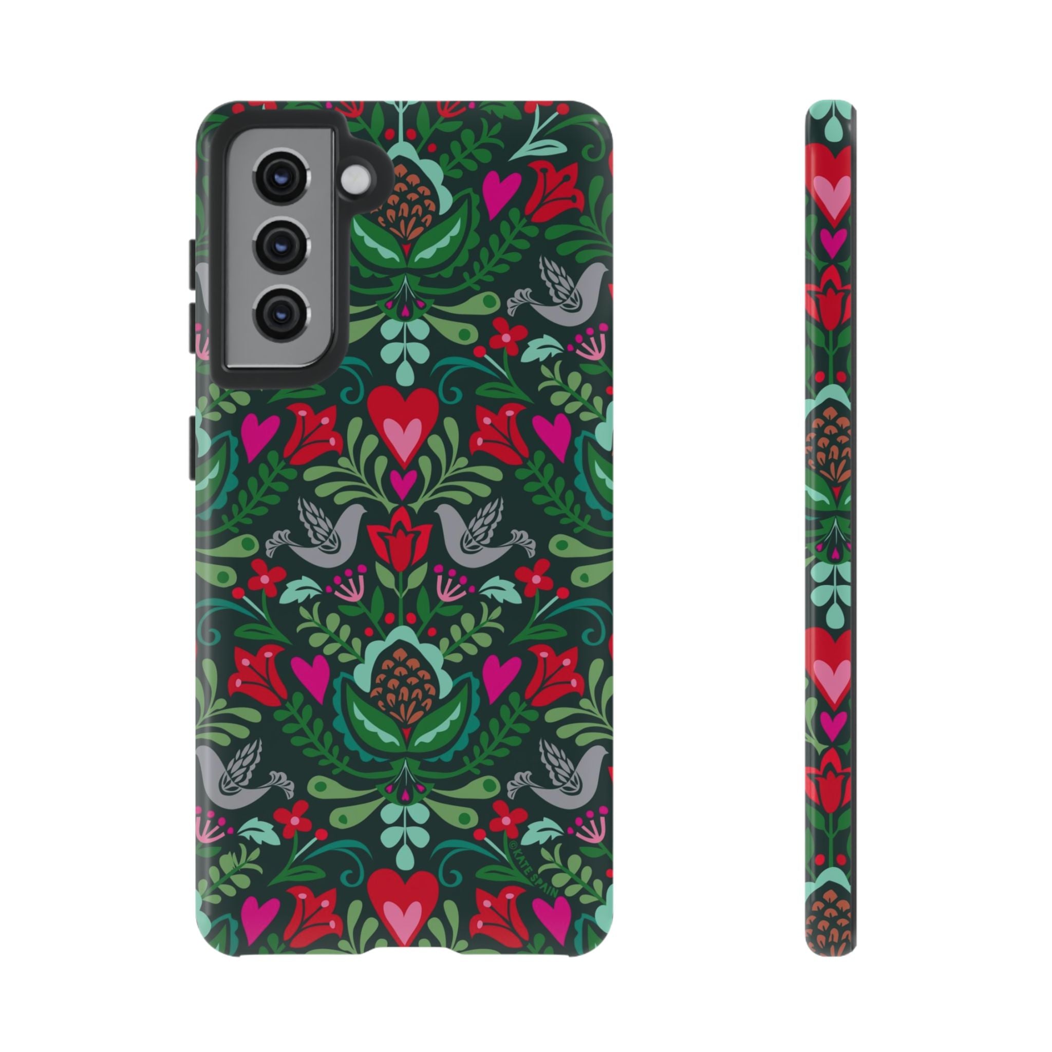 Rosemaling Samsung Galaxy S21 Case – Glossy | forest green, red, pink rosemaling floral print