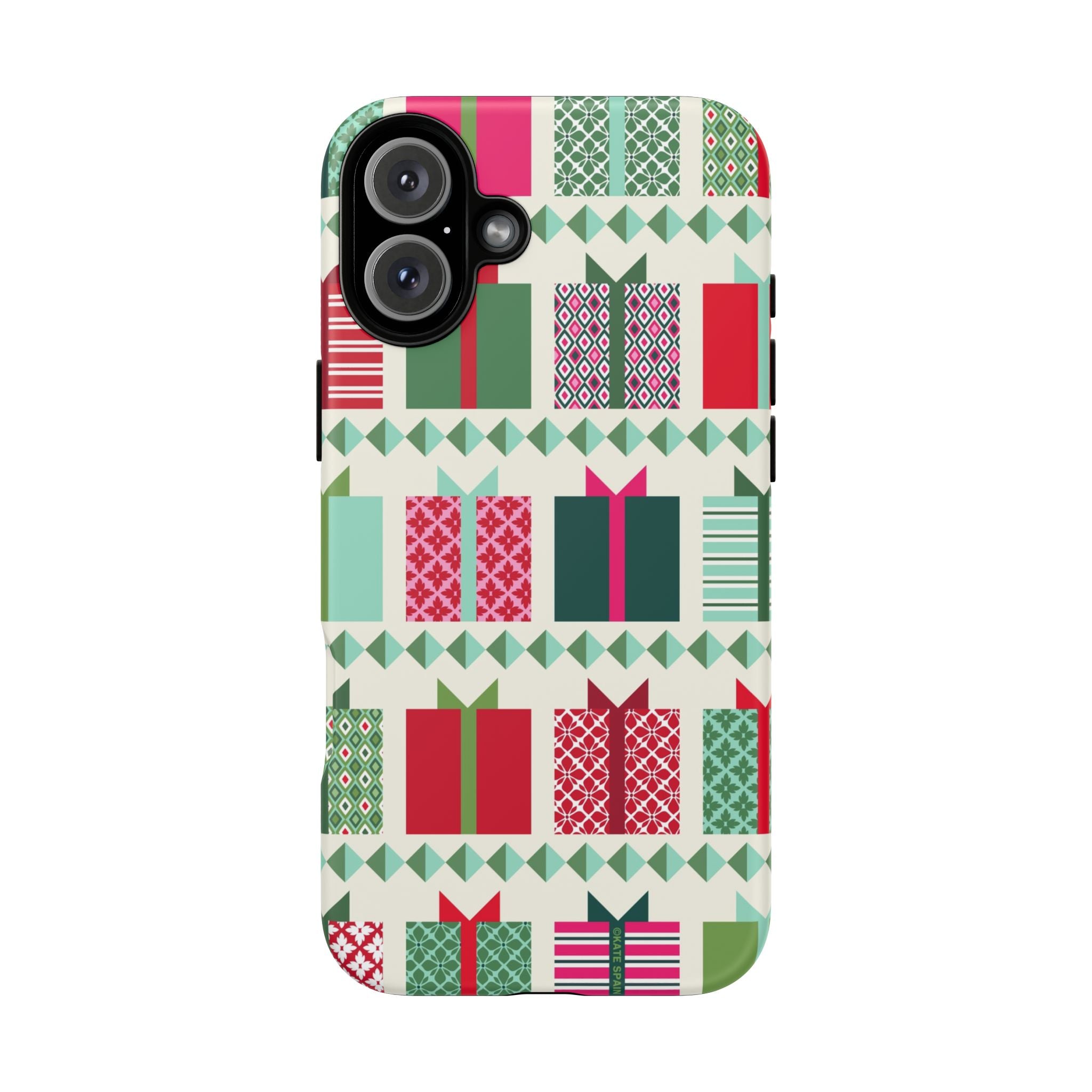 All Wrapped Up Tough iPhone 16 Plus Case – Matte | cream, red, pink, green, mint geometric gift wrap holiday print