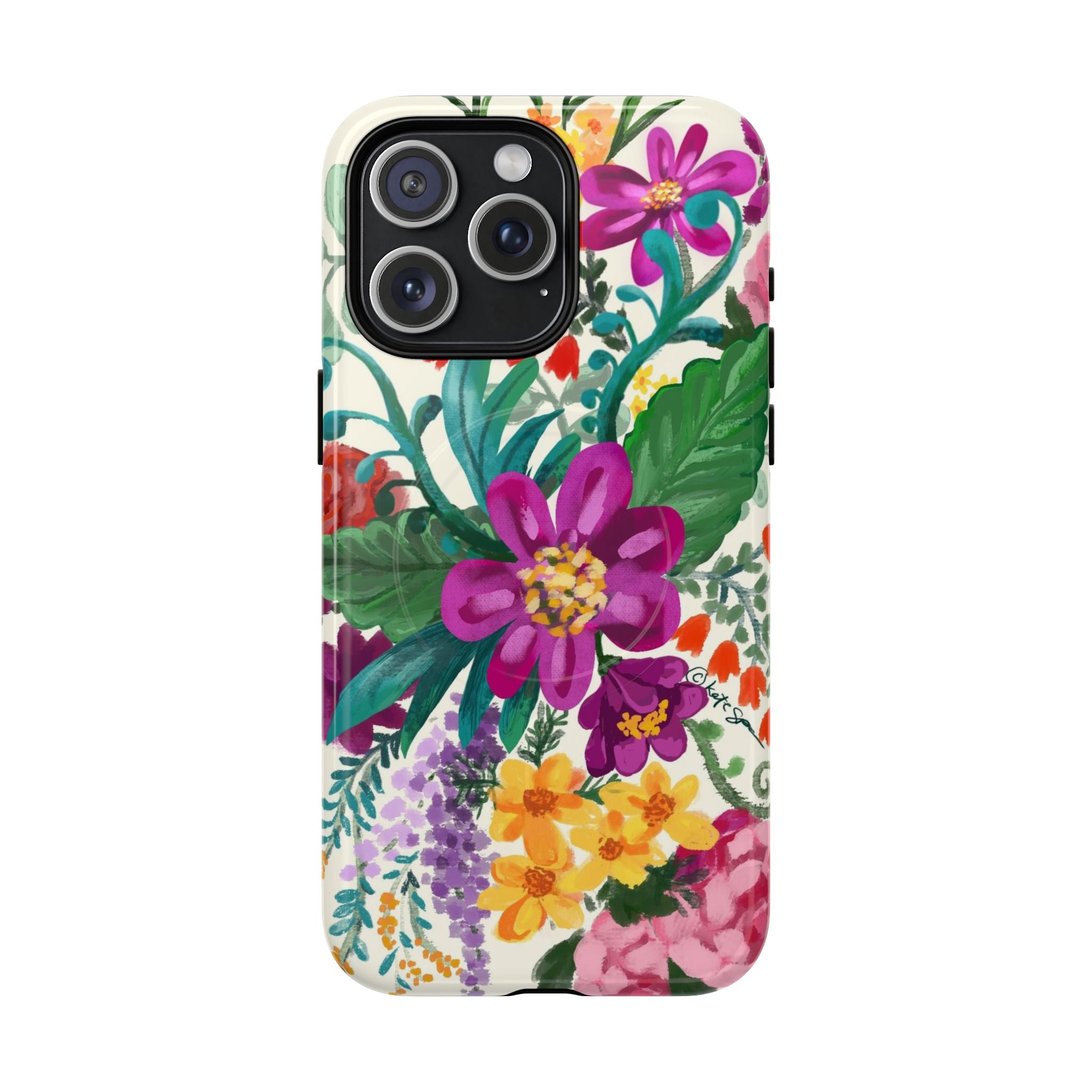 Posy MagSafe iPhone 15 Pro Max Case – Glossy | cream, magenta, coral botanical floral print