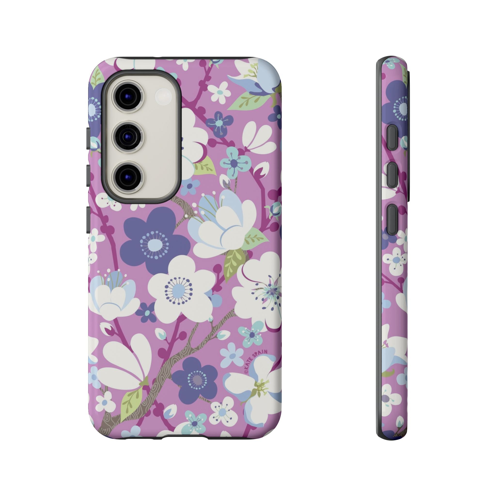 Cherry Blossom Samsung Galaxy S23 Case – Glossy | mauve, white, periwinkle cherry blossom floral print