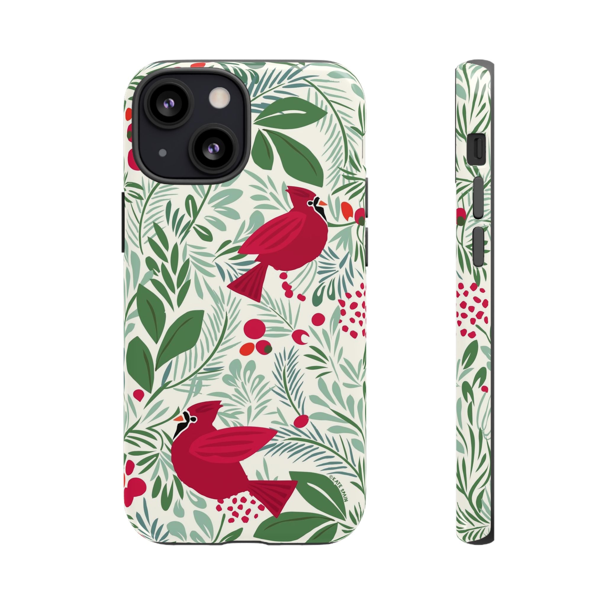 Birds and Berries Tough iPhone 13 Mini Case – Glossy | cream, red, green botanical cardinal berry print