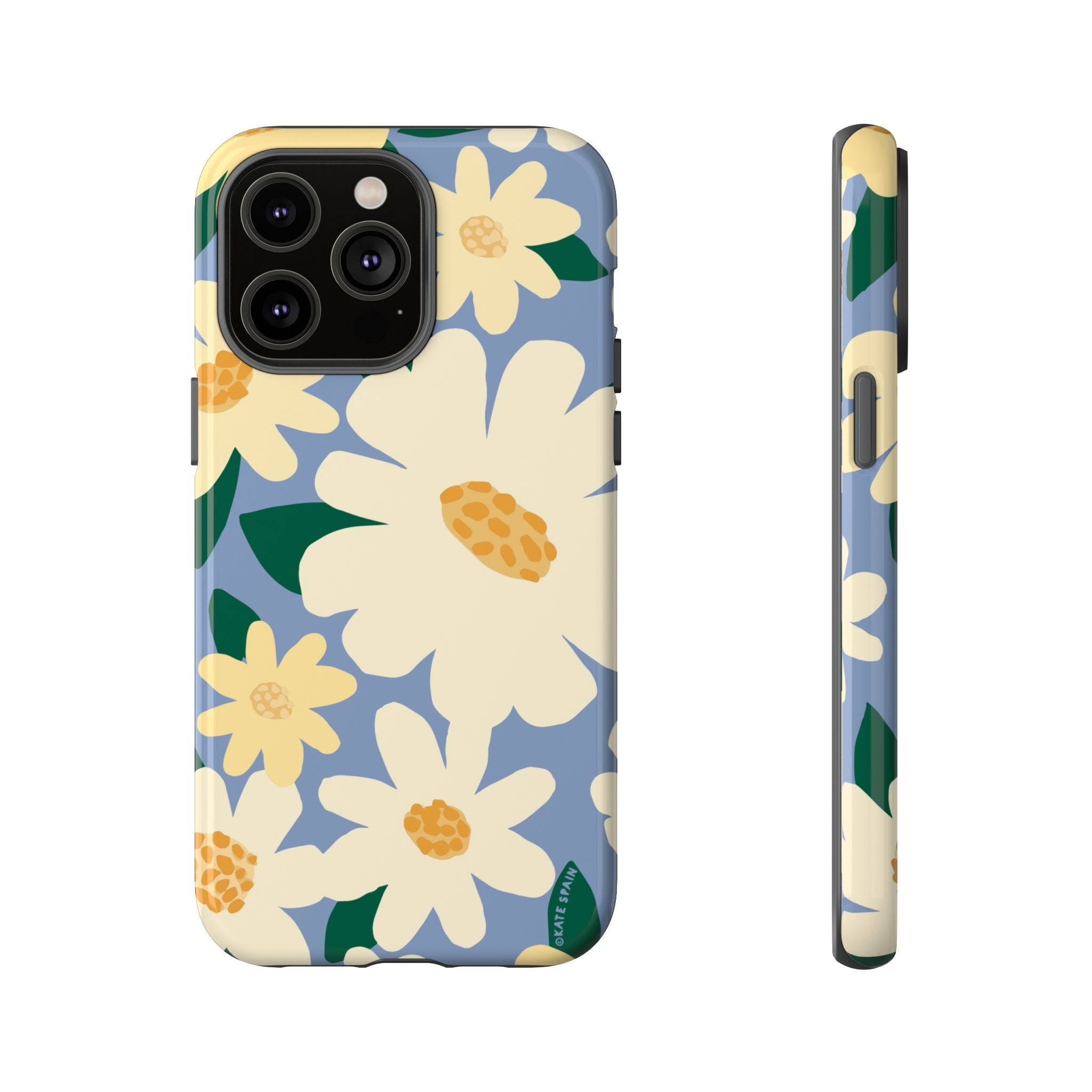Chamomile Tough iPhone 14 Pro Max Case – Glossy | periwinkle, cream, yellow botanical daisy floral print