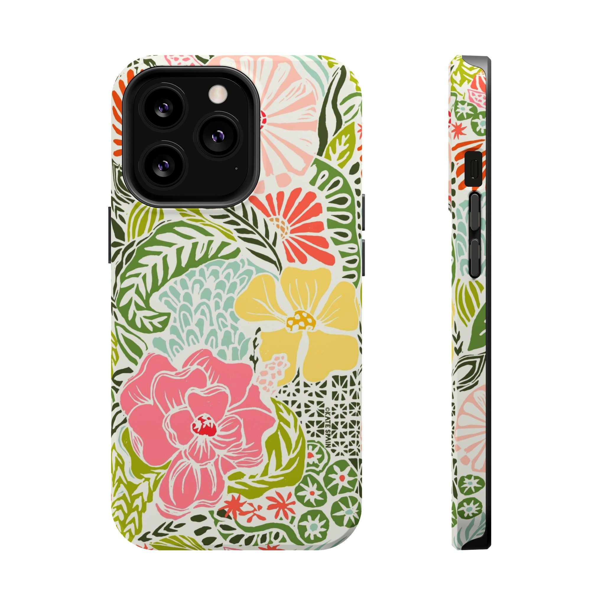 Tropica MagSafe iPhone 13 Pro Case – Matte | cream, pink, yellow, blue botanical floral print MagSafe compatible, dual-layer protection