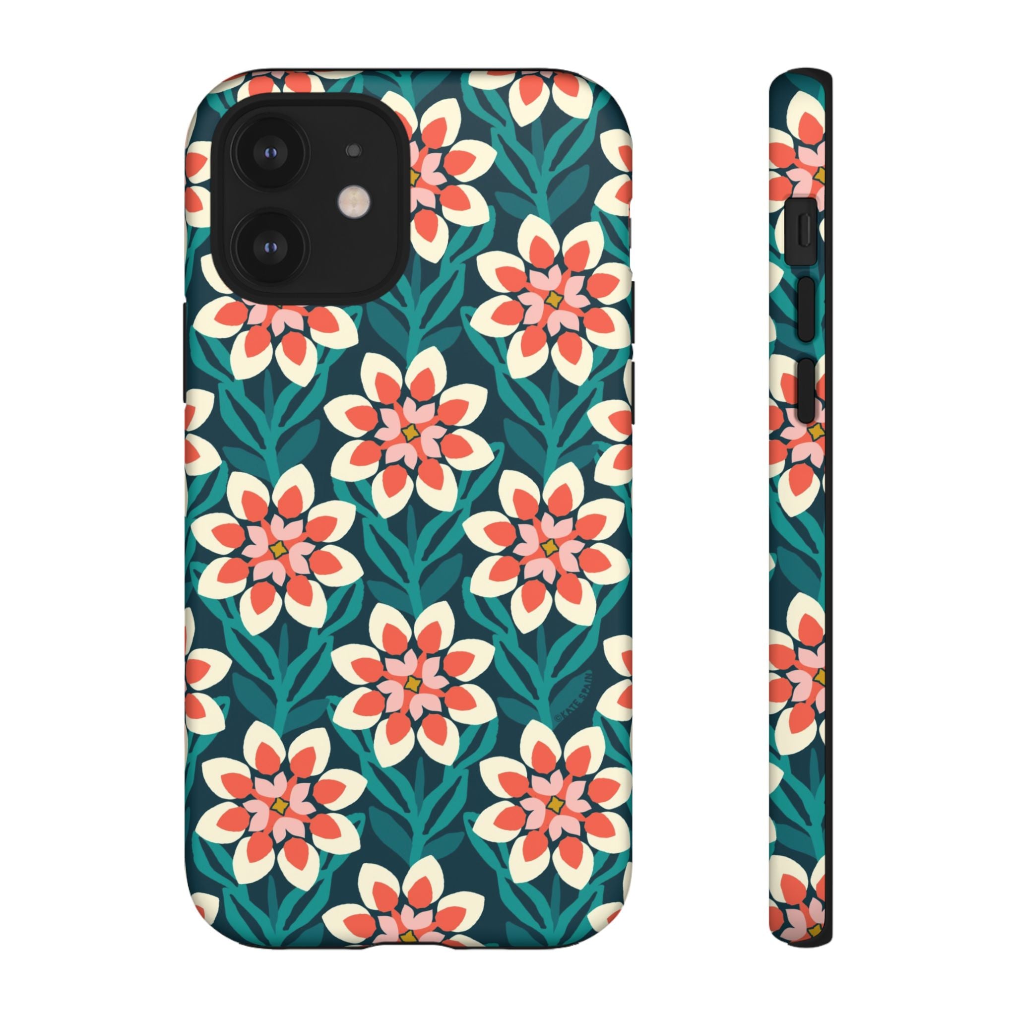 Modern Dahlia Tough iPhone 12 Case – Matte | teal, coral, cream geometric dahlia floral print
