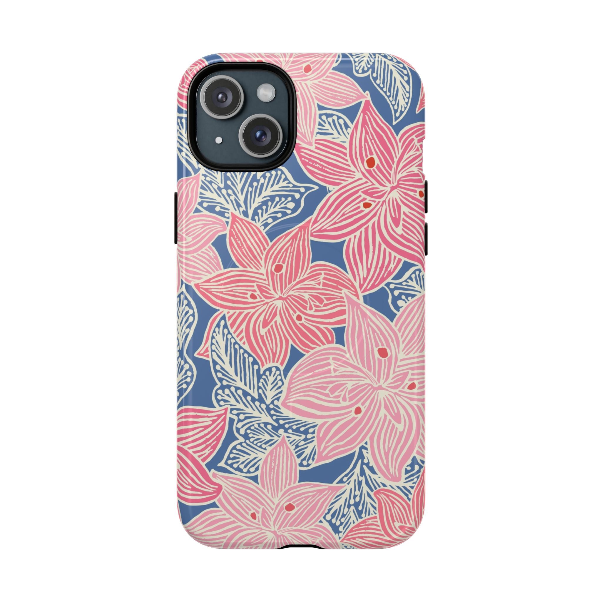 Hibiscus Lagoon MagSafe iPhone 15 Pro Case – Matte | coral, blush, cream, dusty blue hibiscus botanical print