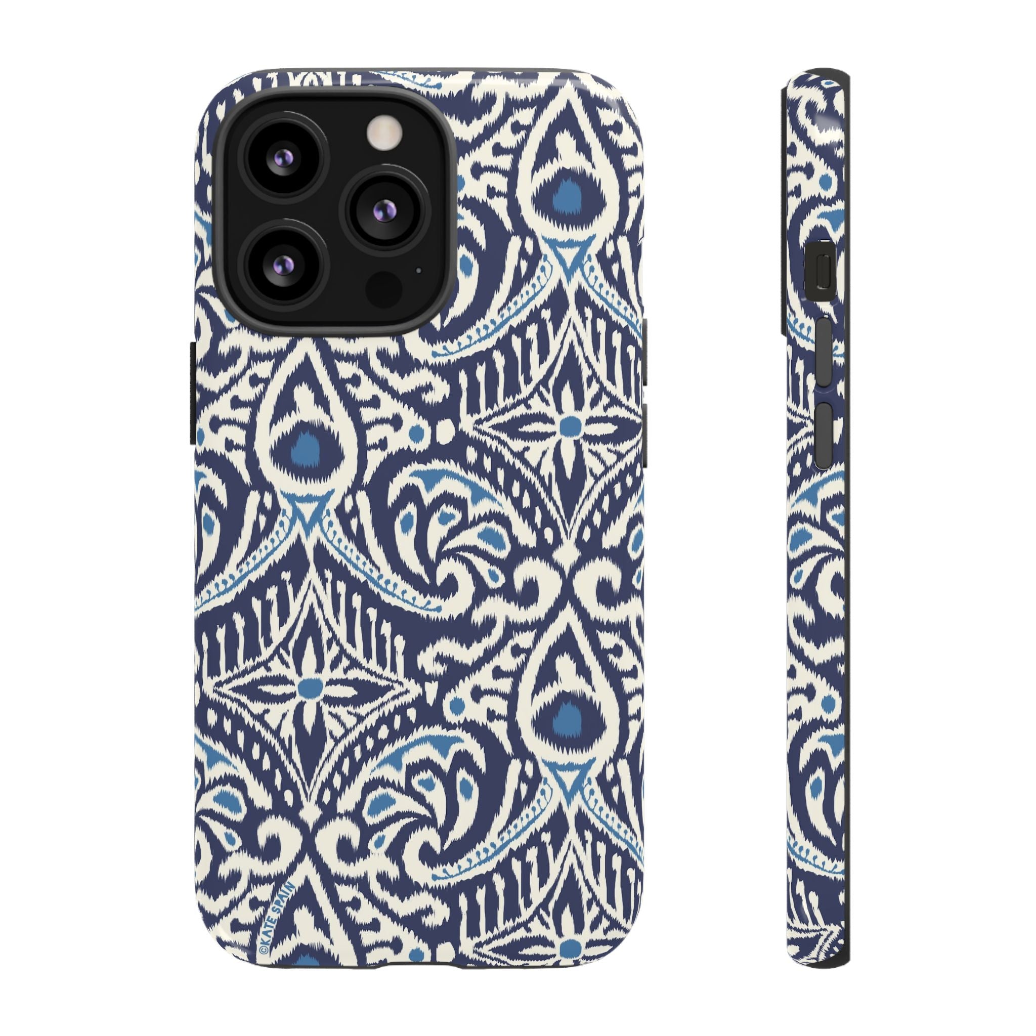 Ikat Tough iPhone 13 Pro Case – Glossy | navy, cream, blue ikat medallion print