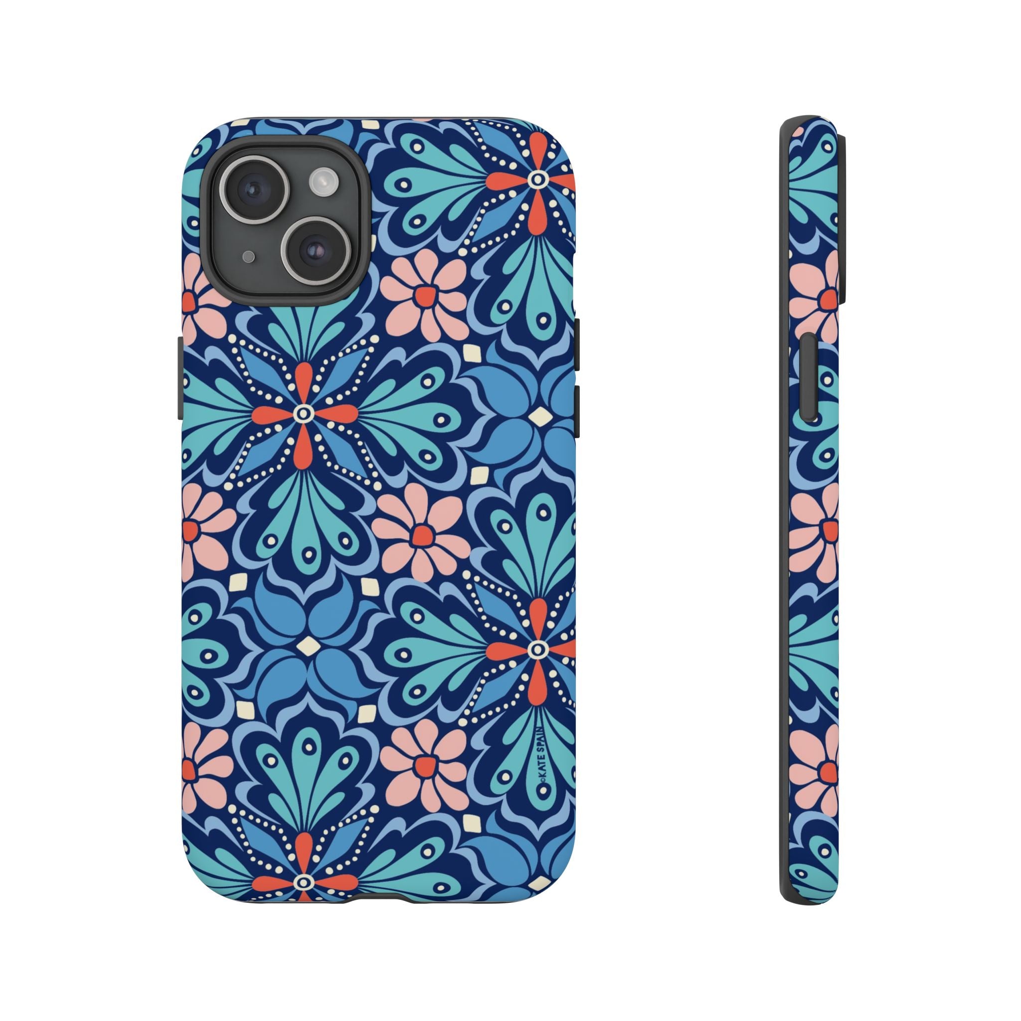 Bolero Tough iPhone 15 Plus Case – Matte | navy, cobalt, blush geometric medallion floral print