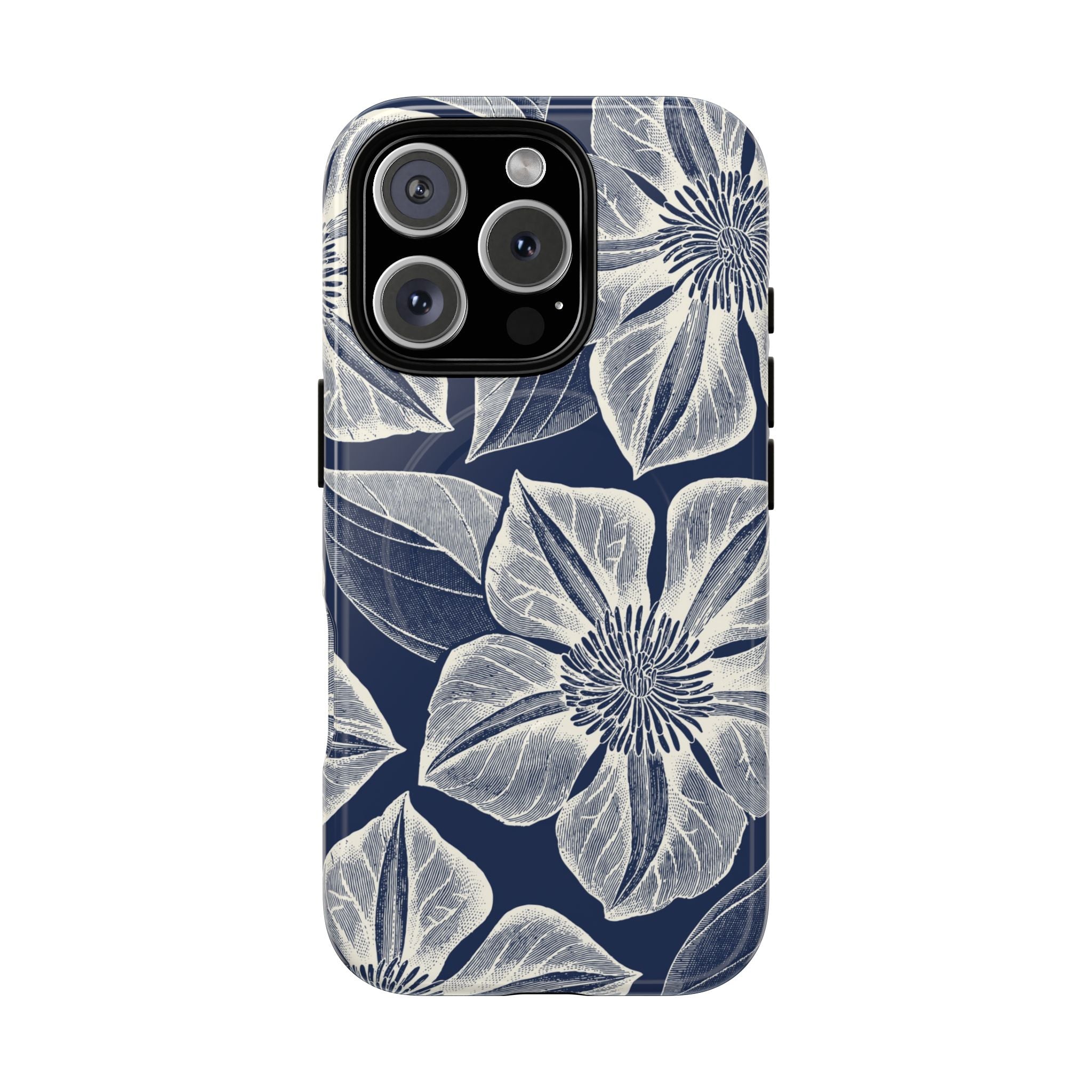 Vintage Bloom Navy MagSafe iPhone 16 Pro Case – Glossy | navy ground, large-scale white clematis print, engraved petal detail, dual-layer protection