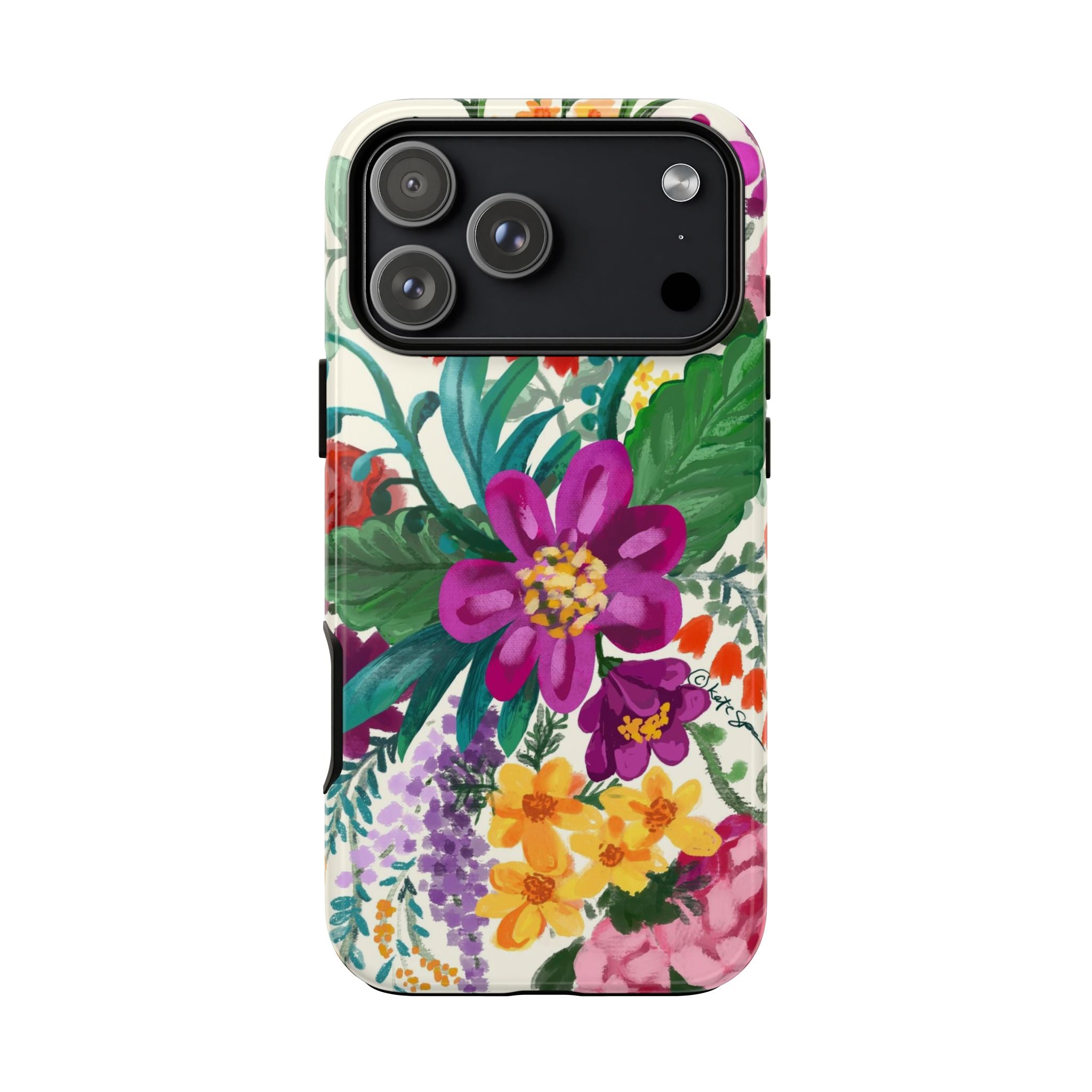 Posy Tough iPhone 17 Pro Max Case – Glossy | cream, magenta, coral botanical floral print