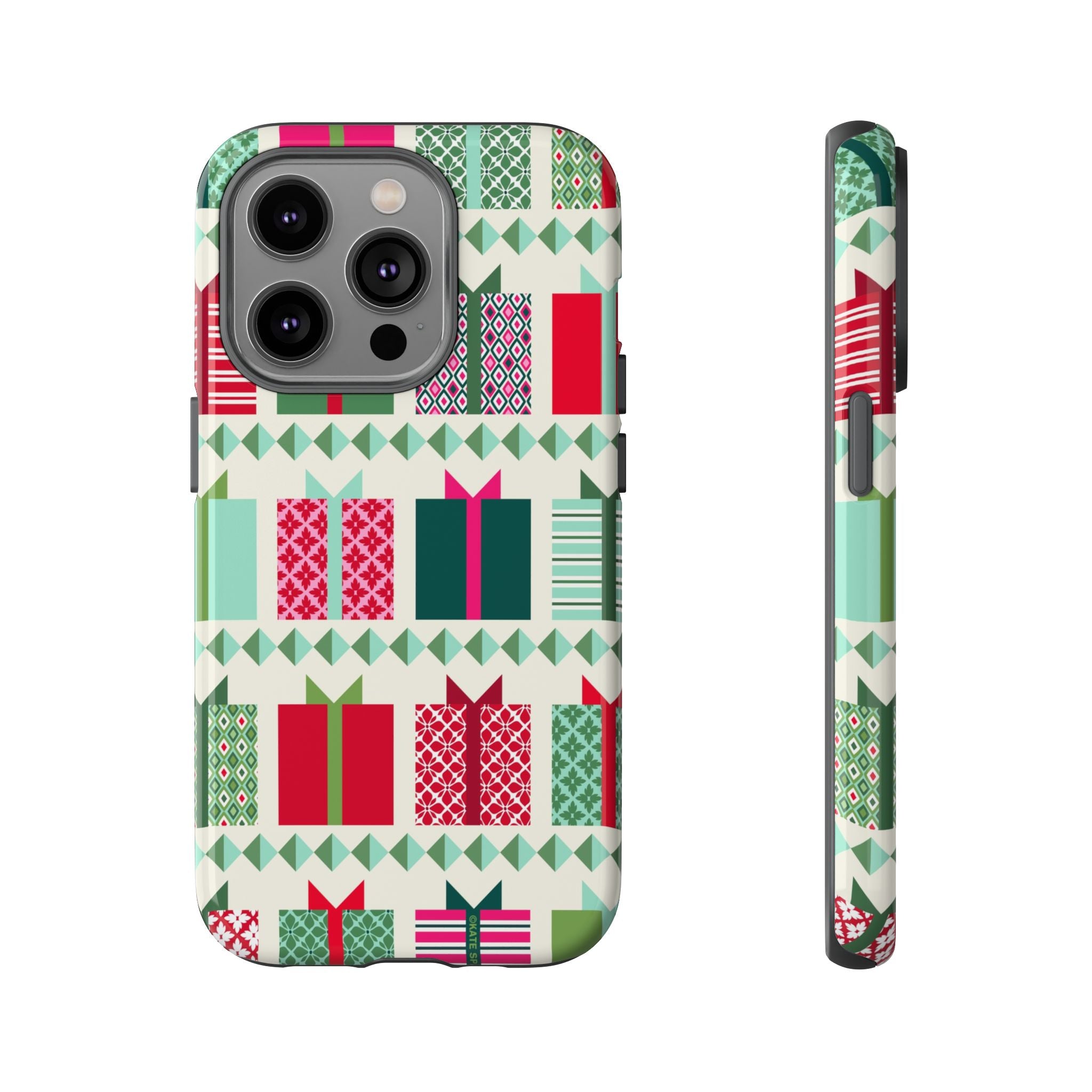 All Wrapped Up Tough iPhone 14 Pro Case – Glossy | cream, red, pink, green, mint geometric gift wrap holiday print