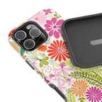 Luxury Terrain MagSafe Pro Max 16 iPhone Case – detail view of shock-absorbing liner of case | white, magenta, coral botanical woodland floral print
