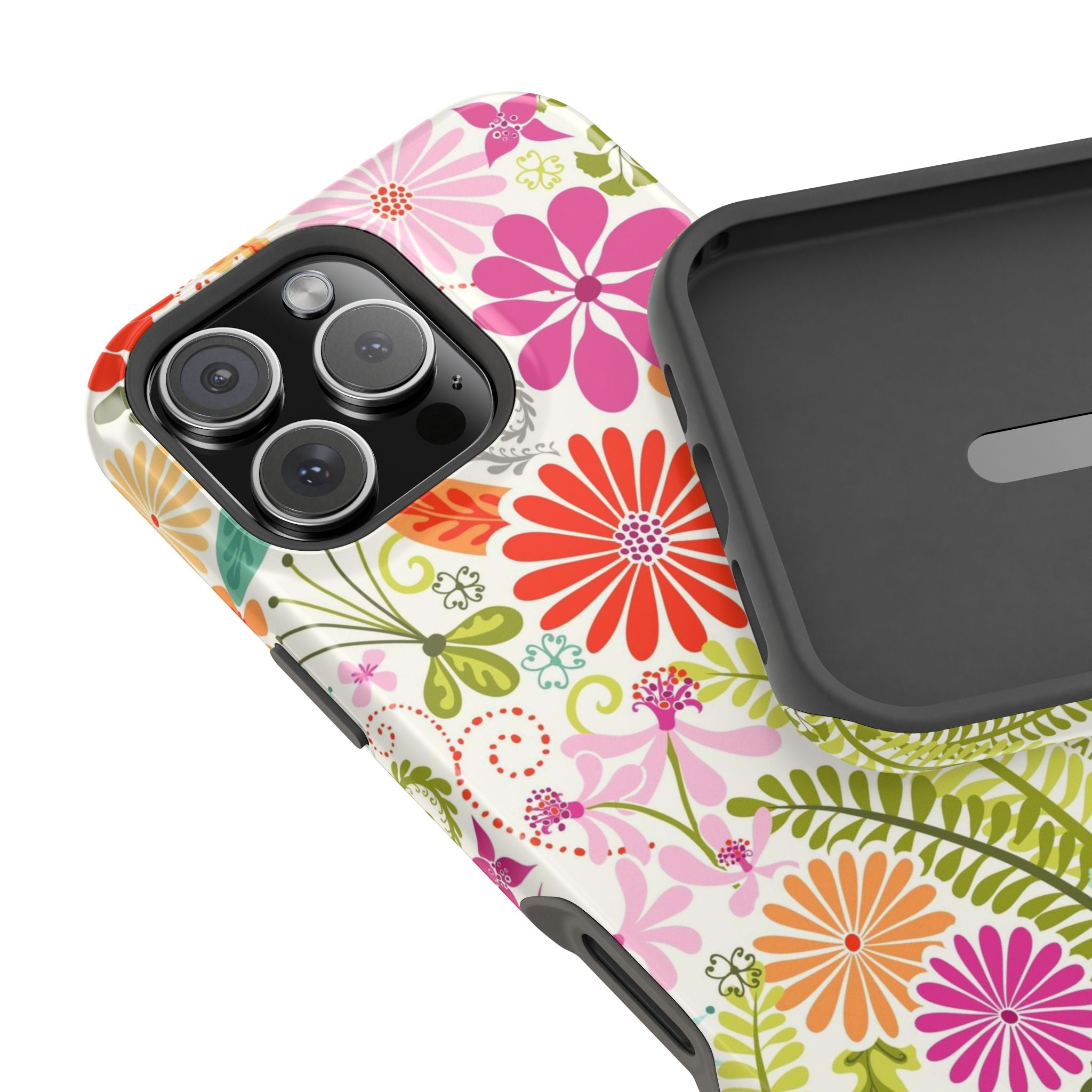 Luxury Terrain MagSafe Pro Max 16 iPhone Case – detail view of shock-absorbing liner of case | white, magenta, coral botanical woodland floral print