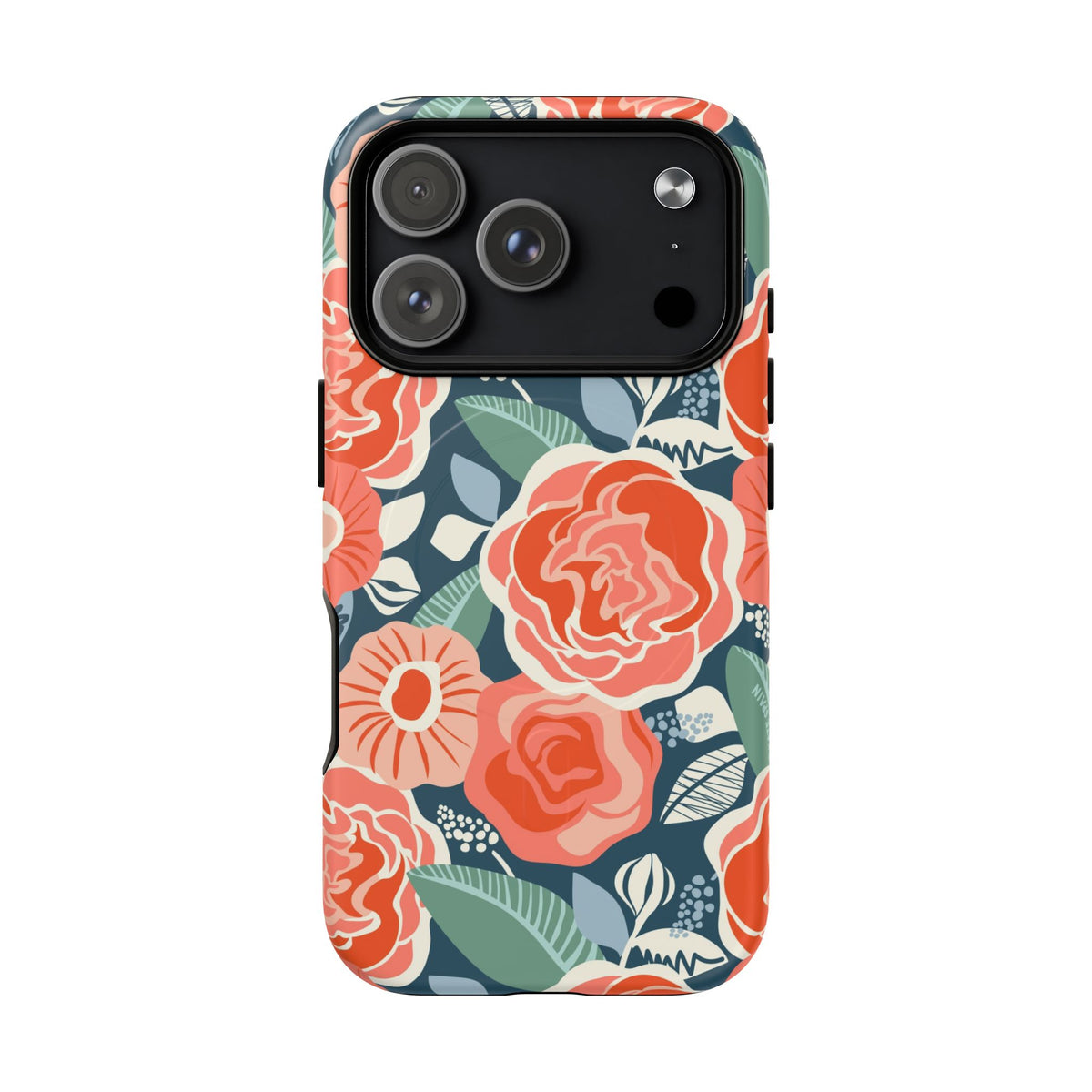 Tea Rose Navy MagSafe iPhone 18 Pro Case – Matte | navy, coral, peach botanical rose floral print