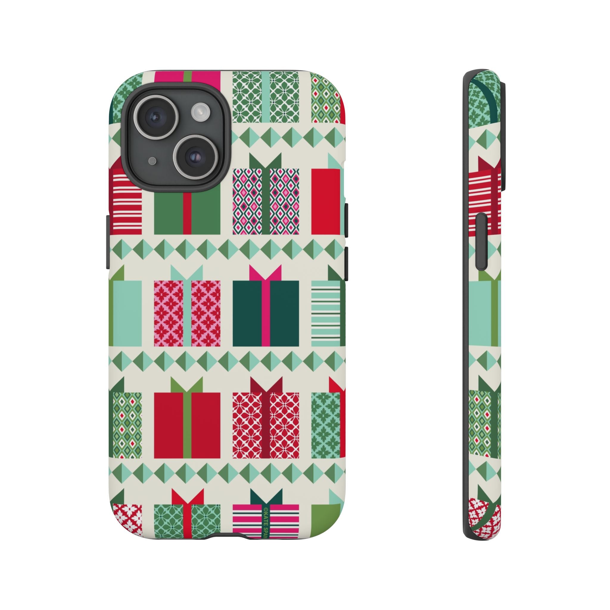 All Wrapped Up Tough iPhone 15 Case – Matte | cream, red, pink, green, mint geometric gift wrap holiday print