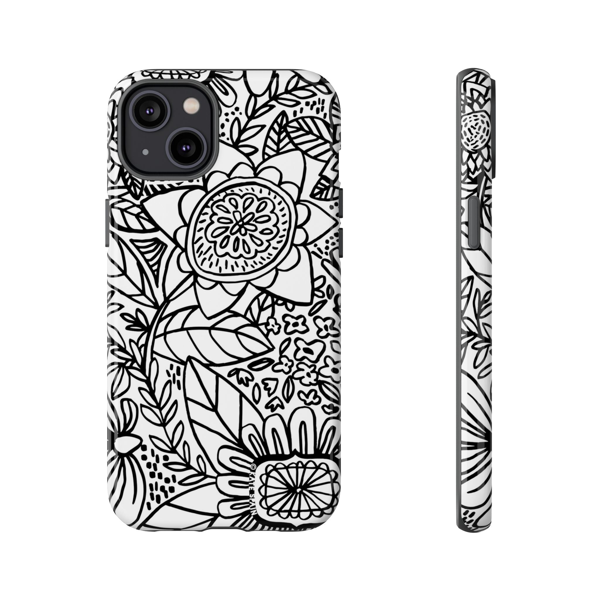Esprit Tough iPhone 14 Plus Case – Glossy | white, black botanical line art floral print
