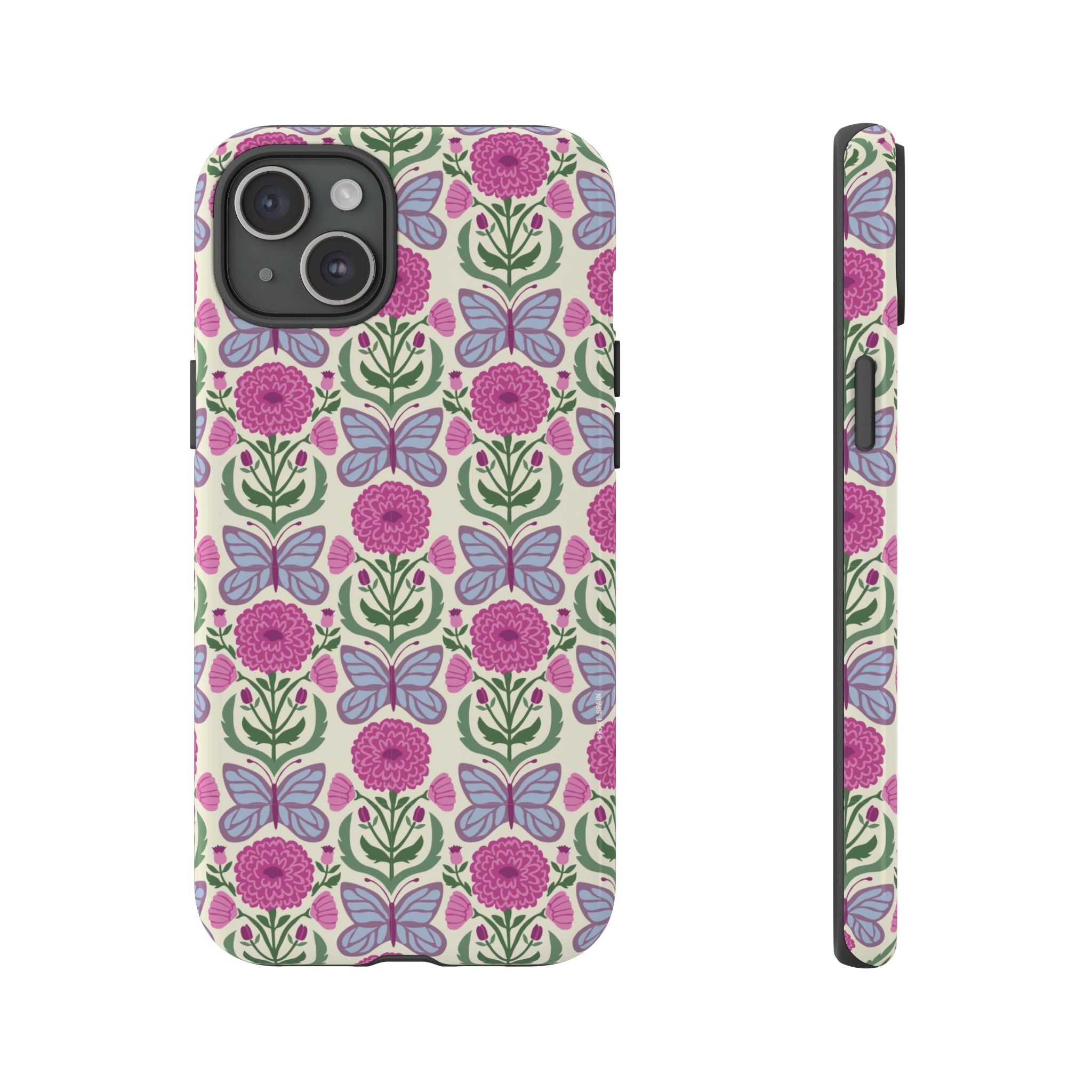Butterfly Tough iPhone 15 Plus Case – Glossy | cream, magenta, periwinkle butterfly floral print