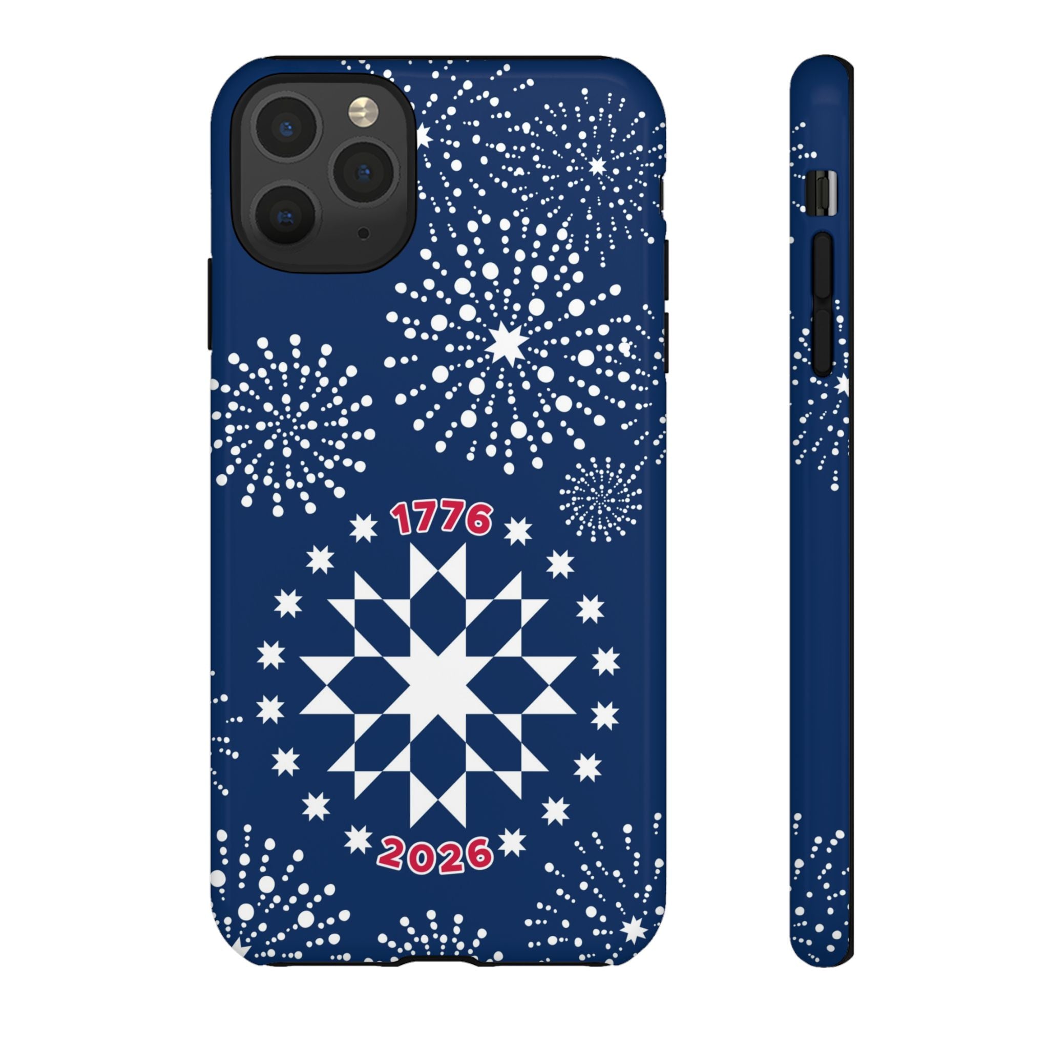250th Fireworks Tough iPhone 11 Pro Max Case – Glossy | navy, white patriotic star quilt fireworks print