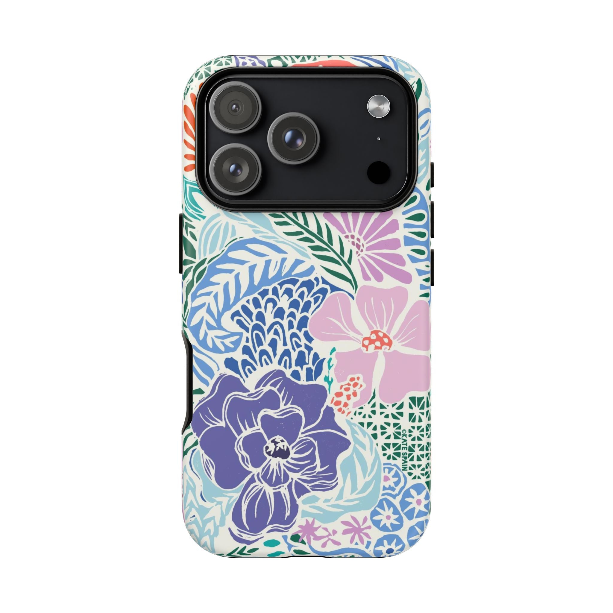 Tropica Tough iPhone 17 Pro Case – Matte | purple, coral, pink, blue botanical tropical floral print