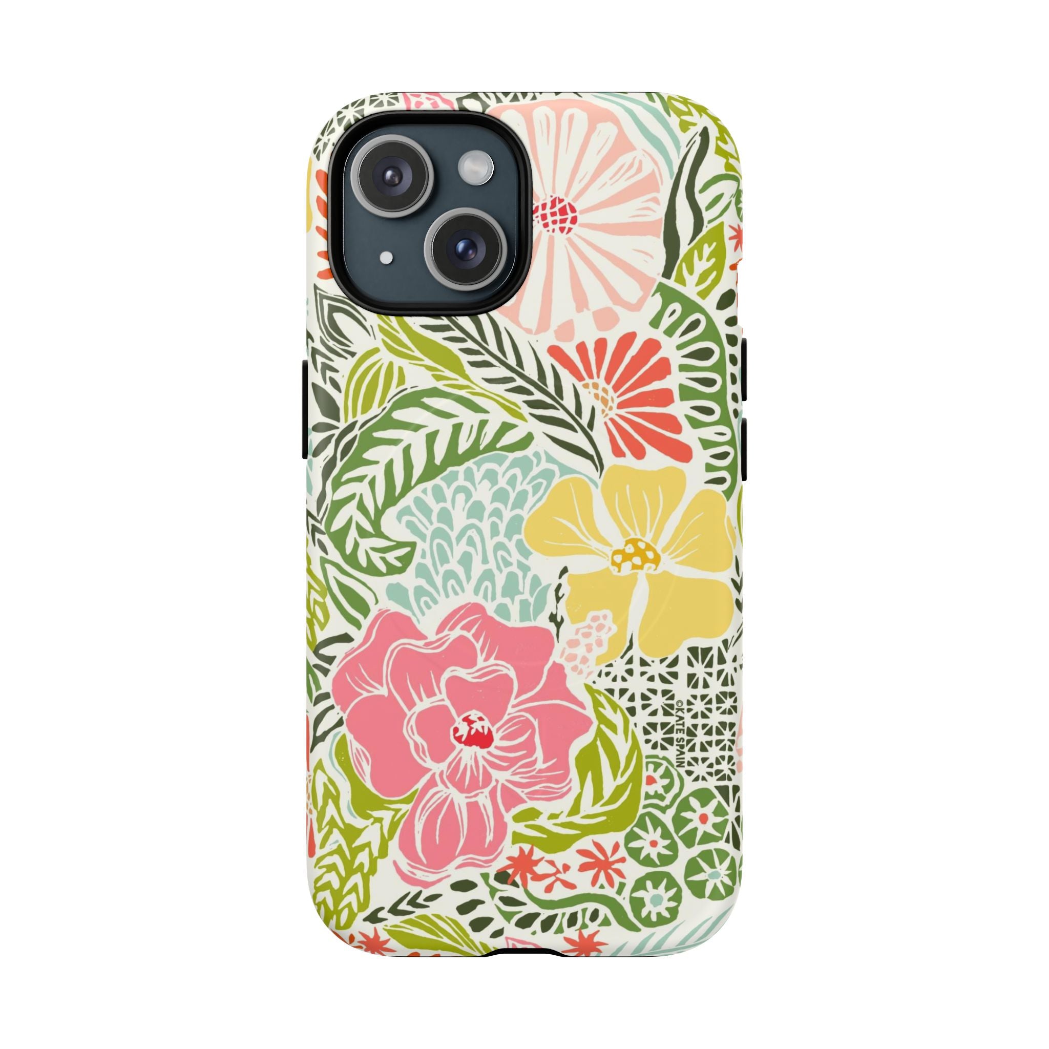 Tropica MagSafe iPhone 15 Case – Matte | yellow, coral, pink, green botanical tropical floral print