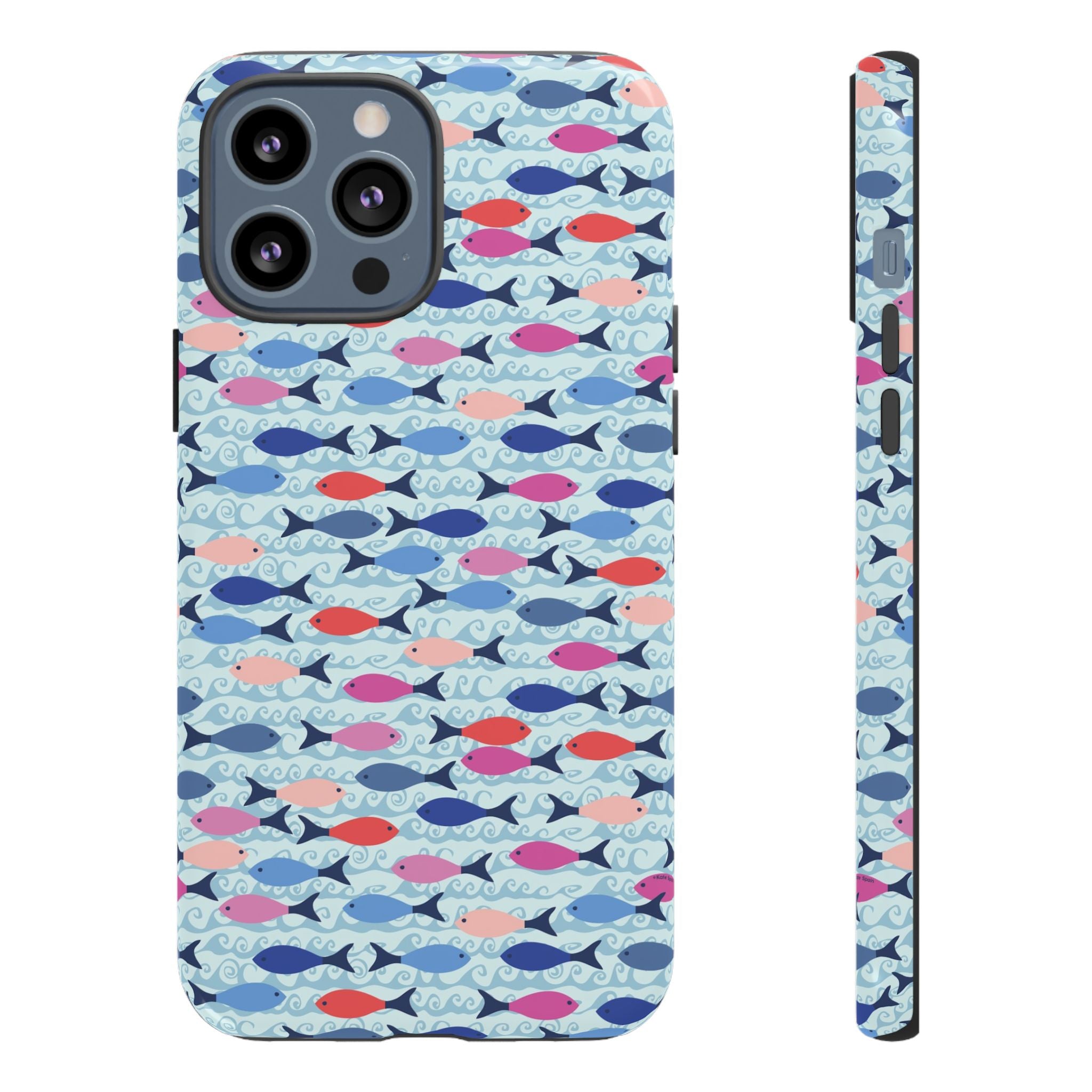 Summer Minnows Tough iPhone 13 Pro Max Case – Glossy | navy, coral, pink, and periwinkle fish on a pale aqua ground