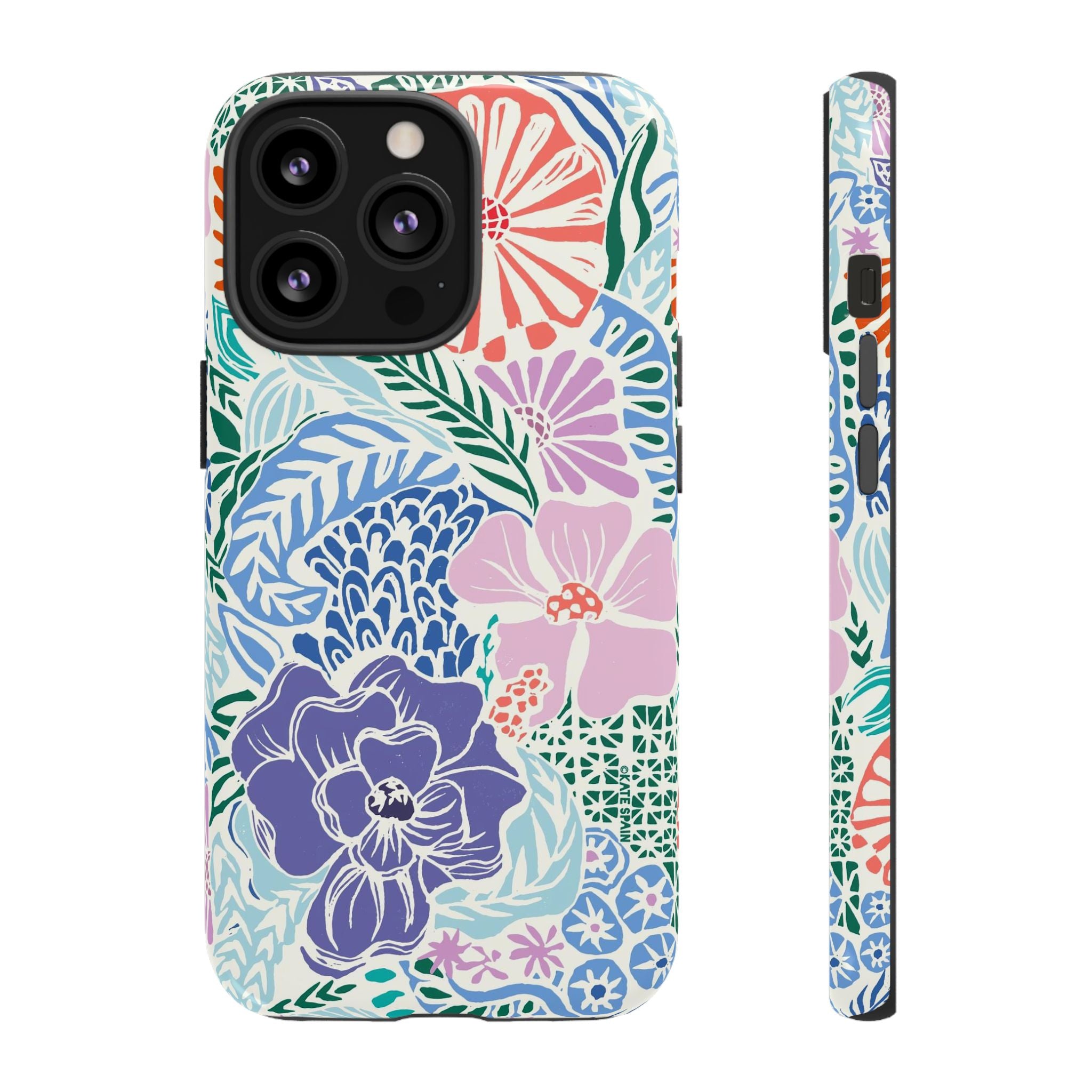 Tropica Tough iPhone 13 Pro Case – Glossy | purple, coral, pink, blue botanical tropical floral print
