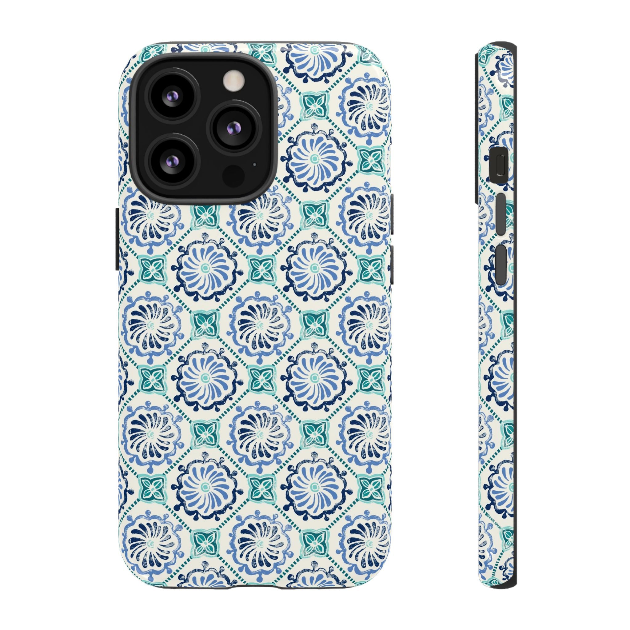 Horizon Blue Tile Tough iPhone 13 Pro Case – Glossy | blue, turquoise, cream white dual-layer protection