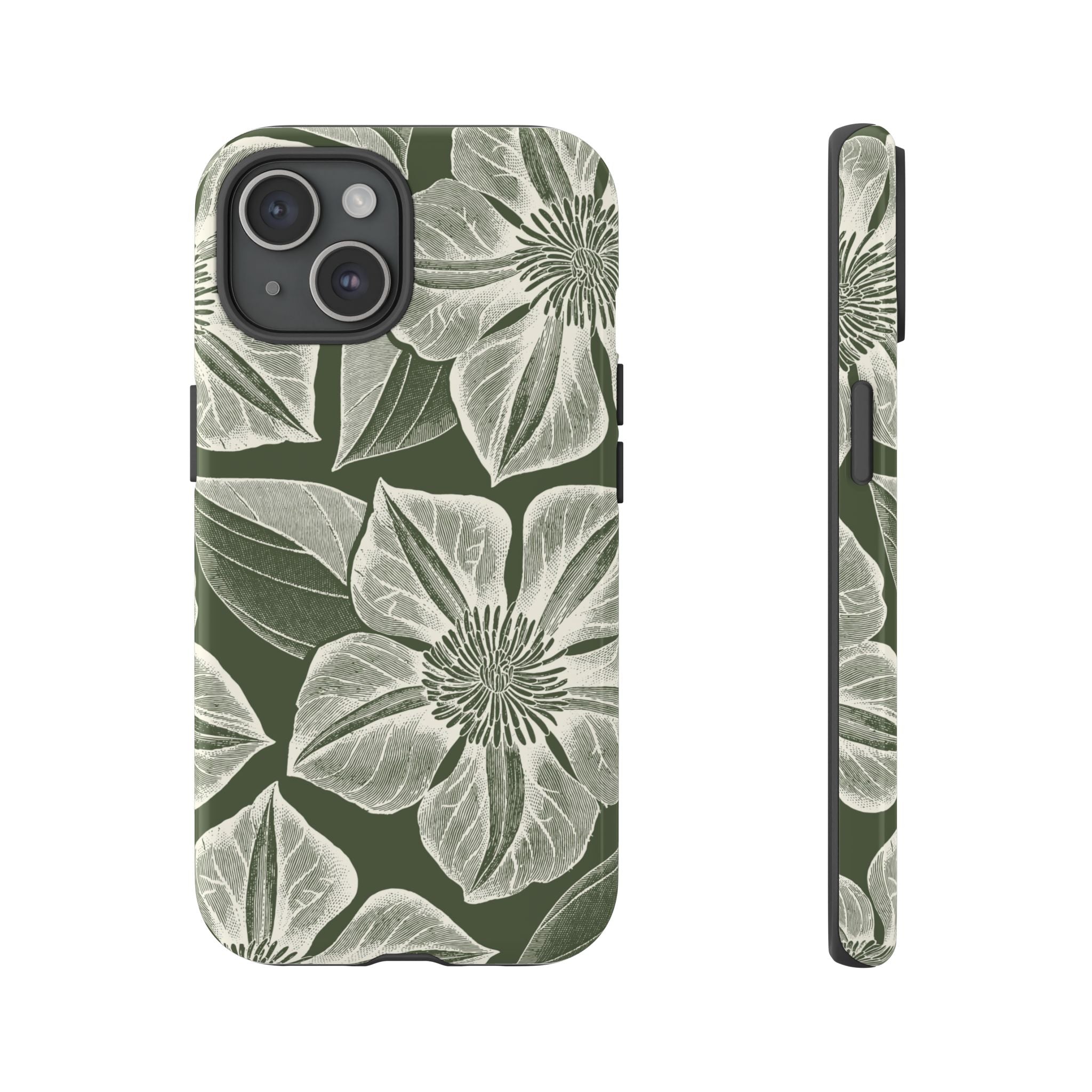 Vintage Bloom Cypress iPhone 15 case – Glossy | cypress green ground, large-scale white clematis print, engraved petal detail, dual-layer protection