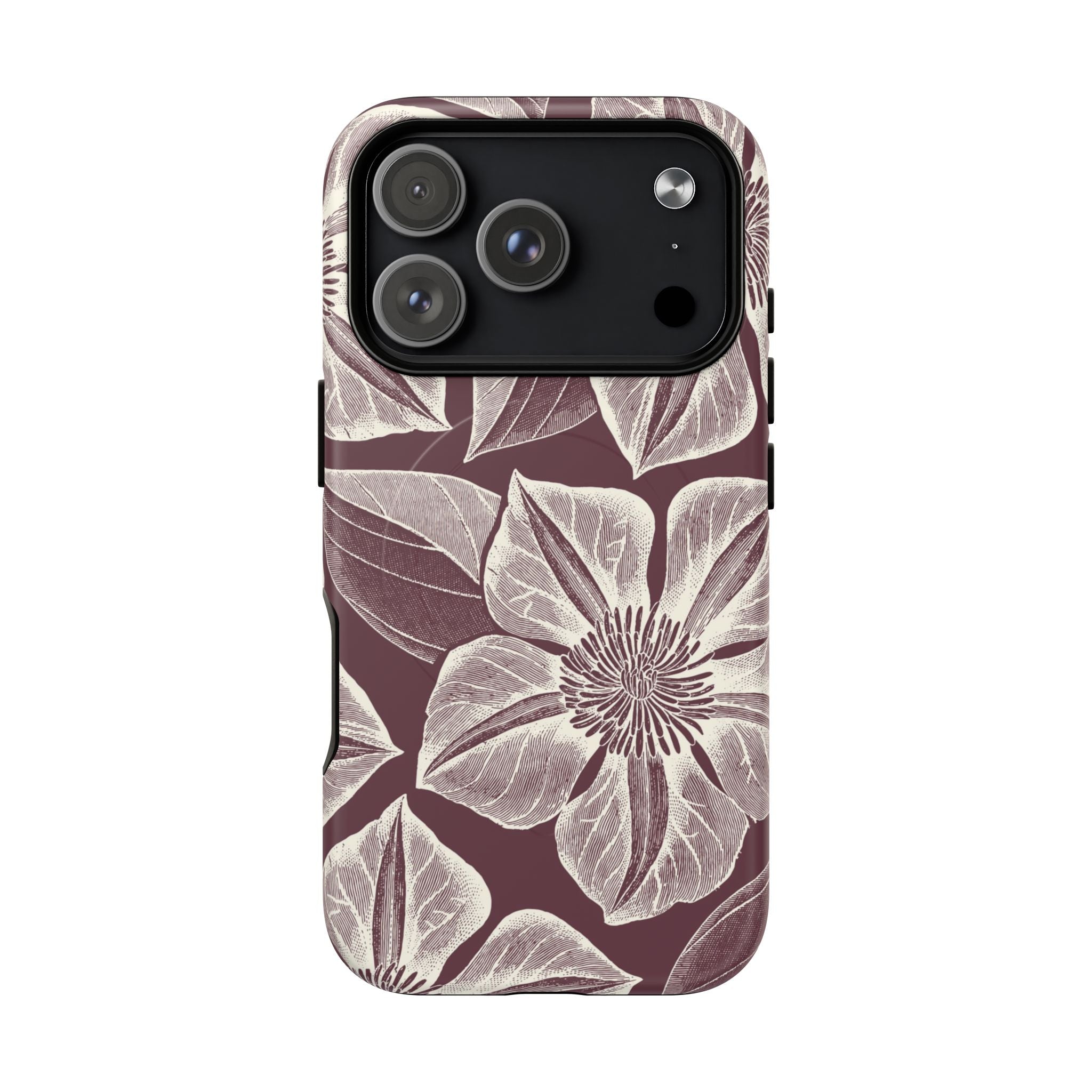 Vintage Bloom Burgundy MagSafe iPhone 17 Air Case – Matte | burgundy ground, large-scale cream clematis print, engraved petal detail, dual-layer protection