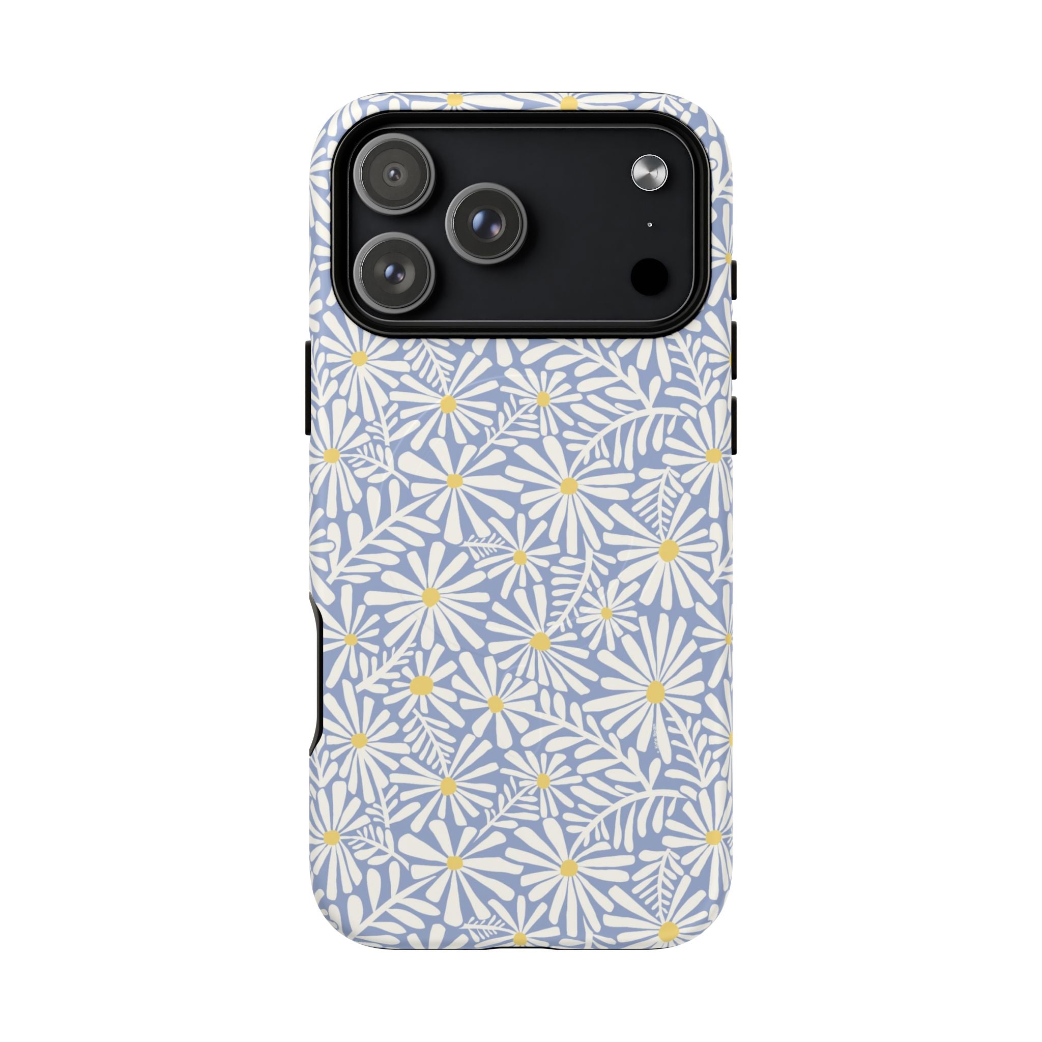 Montauk Daisy Cottage Blue MagSafe iPhone 17 Pro Max Case – Matte | periwinkle blue, white graphic daisy and fern print, golden yellow centers MagSafe compatible, dual-layer protection