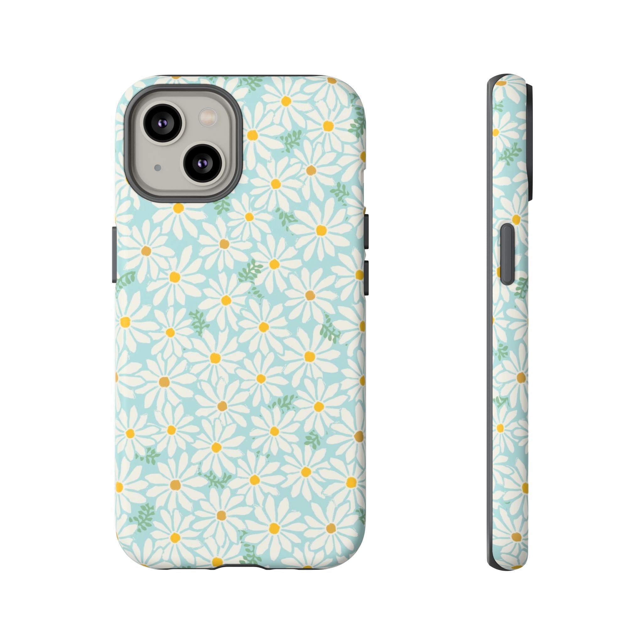 Daisies Tough iPhone 14 Case – Matte | sky blue, white daisy print, golden yellow centers, mint green leaves dual-layer protection