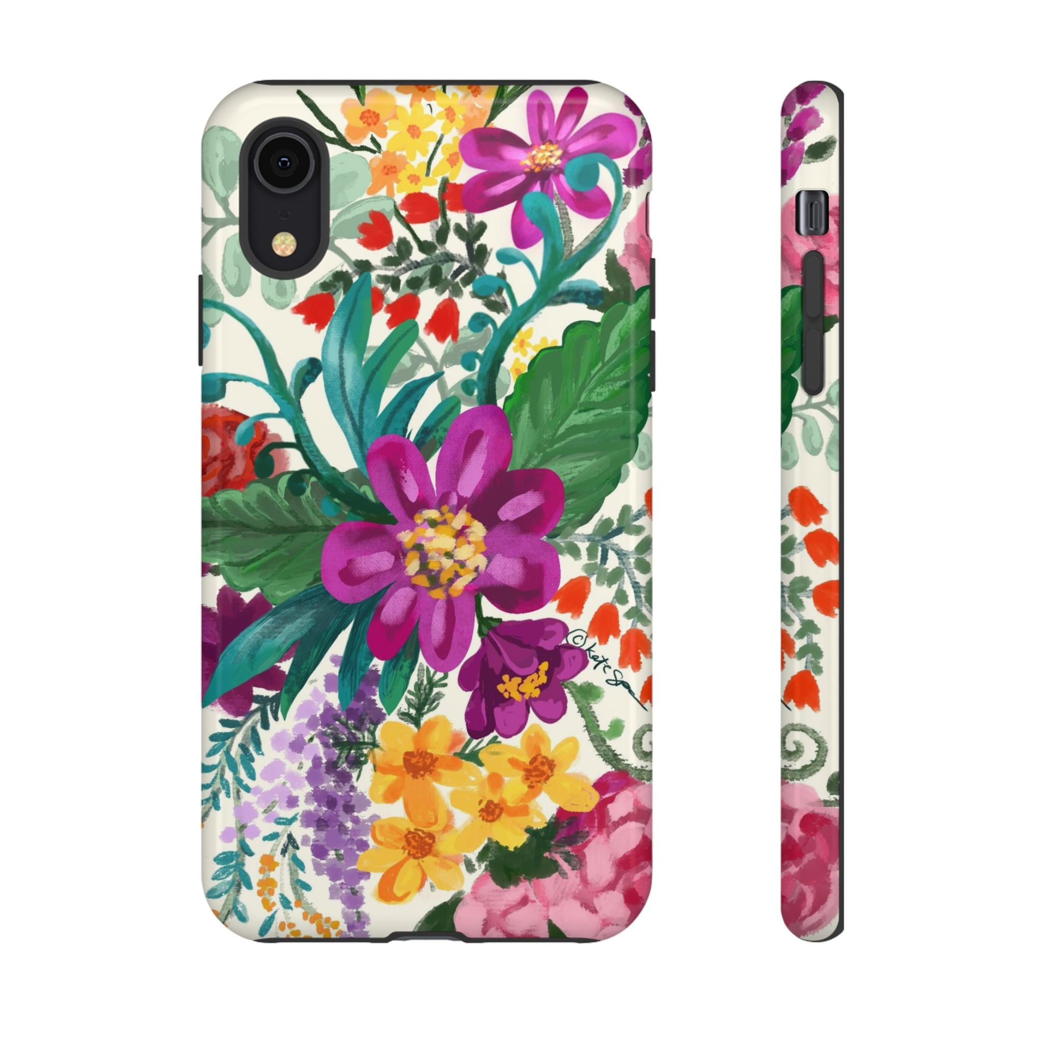 Posy Tough iPhone XR Case – Glossy | cream, magenta, coral botanical floral print