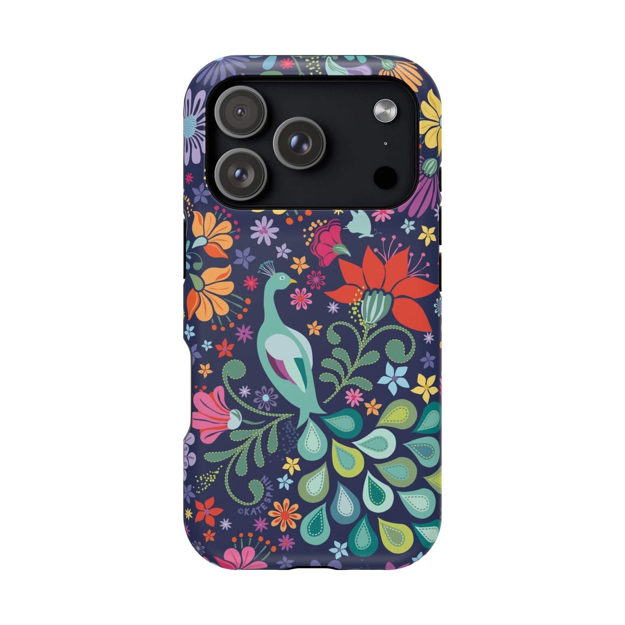 Peacock Sanctuary MagSafe iPhone 17 Pro Case – Matte | navy, teal, ivory peacock botanical print MagSafe compatible, dual-layer protection