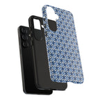 Light blue Samsung Galaxy case with navy and periwinkle ikat geometric pattern — botanical phone case by Kate Spain for Floriori. Image shows dual layer tough case TPU layers.