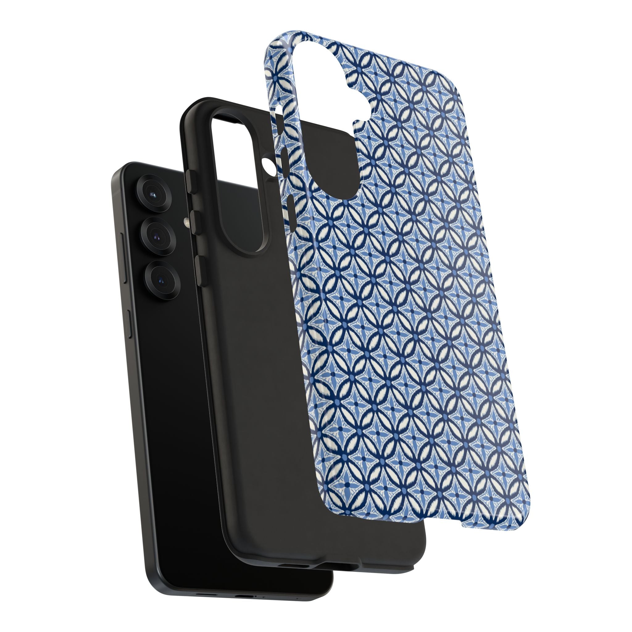 Light blue Samsung Galaxy case with navy and periwinkle ikat geometric pattern — botanical phone case by Kate Spain for Floriori. Image shows dual layer tough case TPU layers.