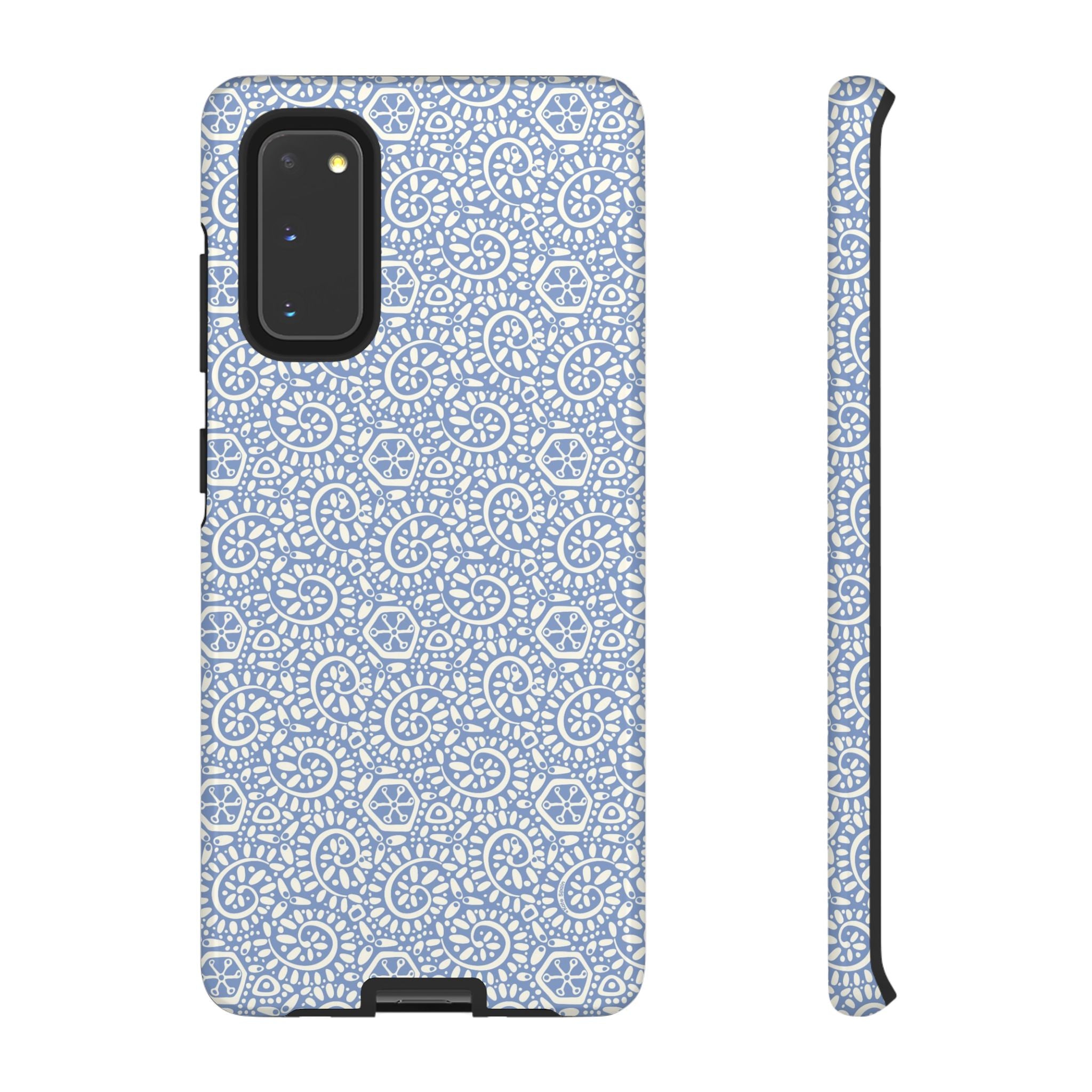 Canto Swirls Mist Samsung Galaxy S20 Glossy Case — periwinkle blue hard case covered in an intricate folk-art medallion pattern of radiating white circular motifs, dot clusters, and geometric centers