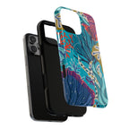 Reef MagSafe iPhone 16 Pro Max Case – Dual-layered view of case and inner lining in front of phone, with view of camera cutout and buttons | teal, coral, navy, purple botanical coral reef print