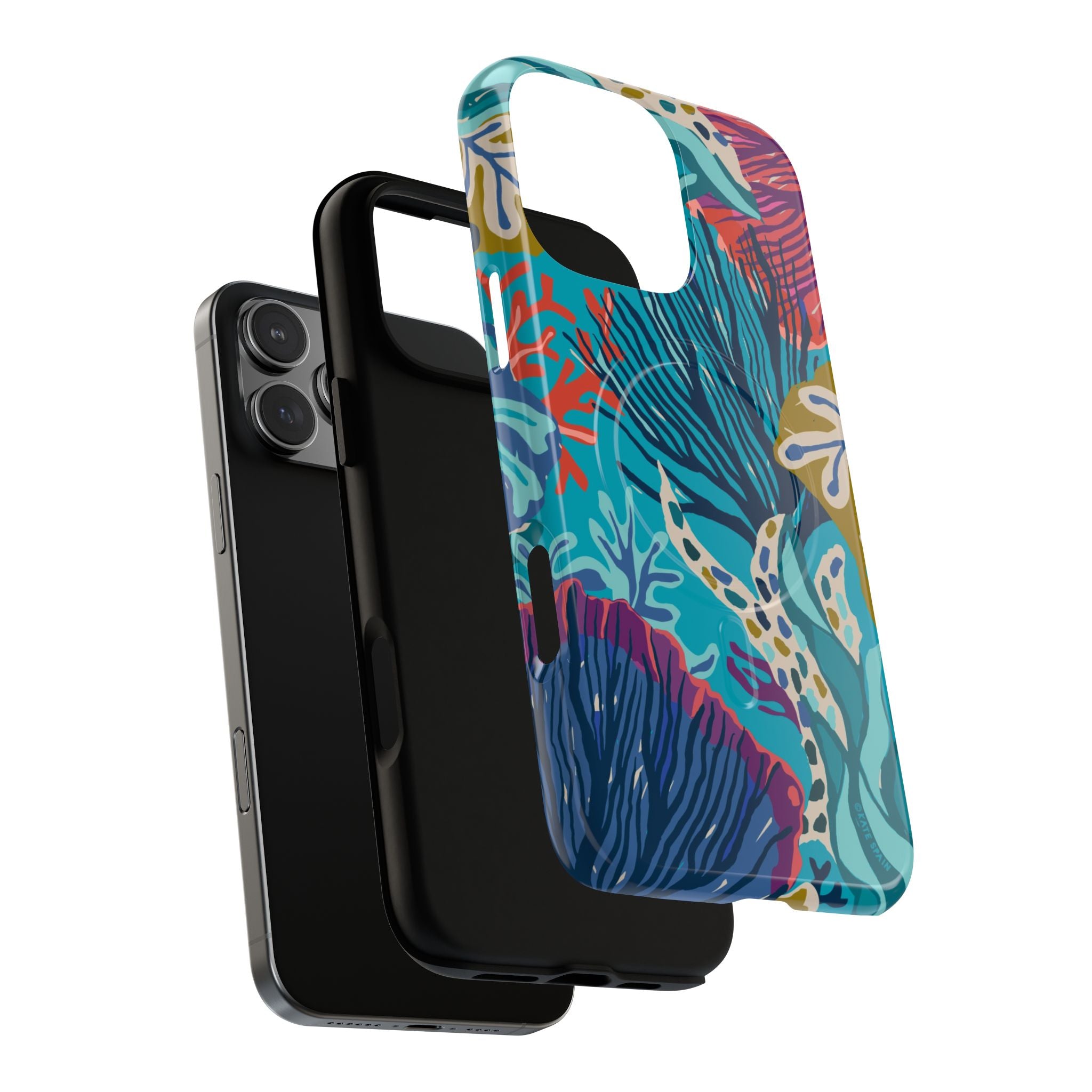 Reef MagSafe iPhone 16 Pro Max Case – Dual-layered view of case and inner lining in front of phone, with view of camera cutout and buttons | teal, coral, navy, purple botanical coral reef print