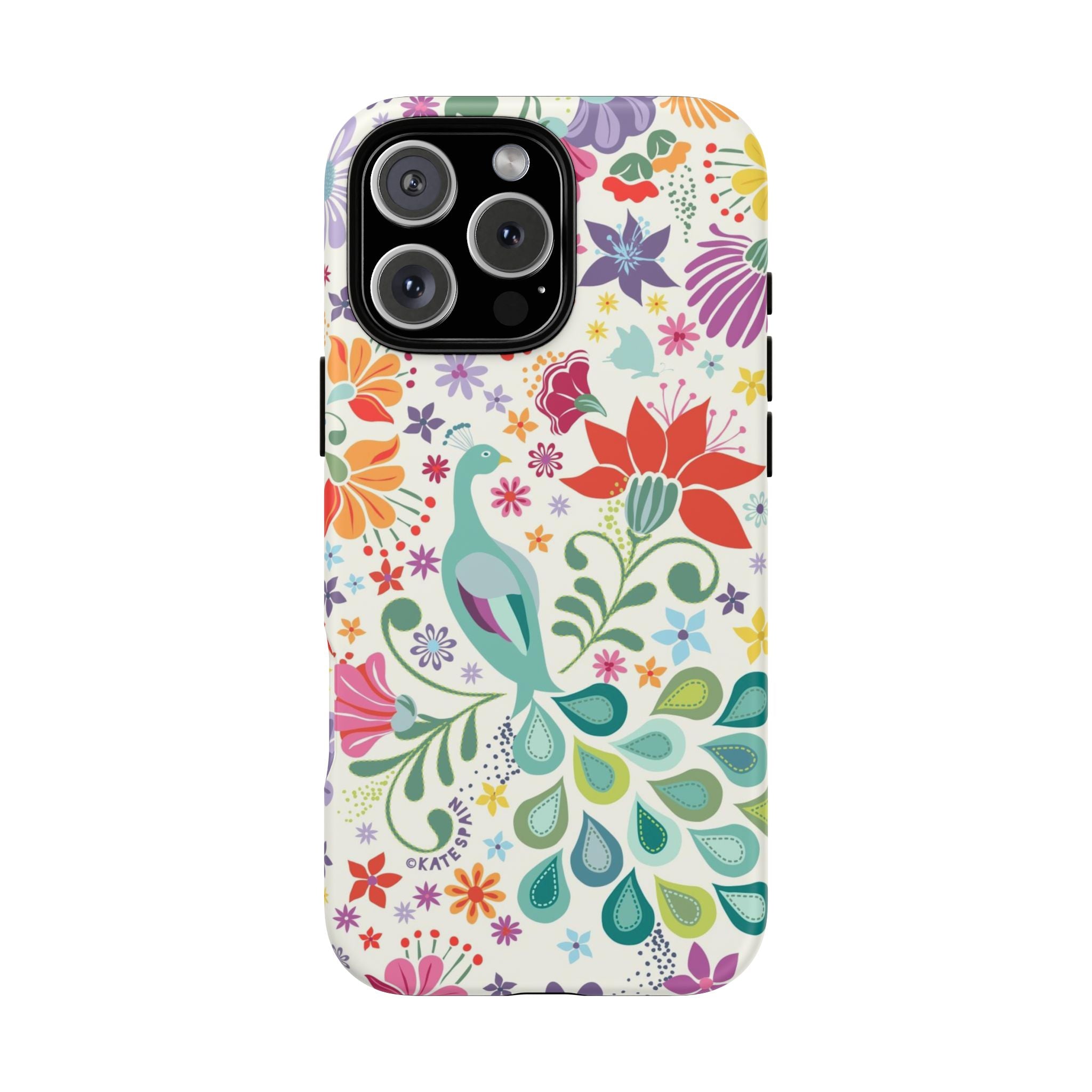 Peacock Sanctuary Tough iPhone 16 Pro Max Case – Matte | white, teal, coral multicolor vibrant peacock feather botanical print