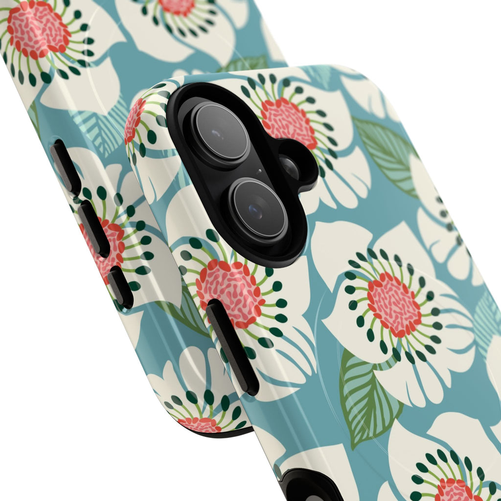 Panache MagSafe iPhone 17 Case – Glossy | sky blue, pale cream, pink anemone floral print | angled view closeup of camera cutout and buttons