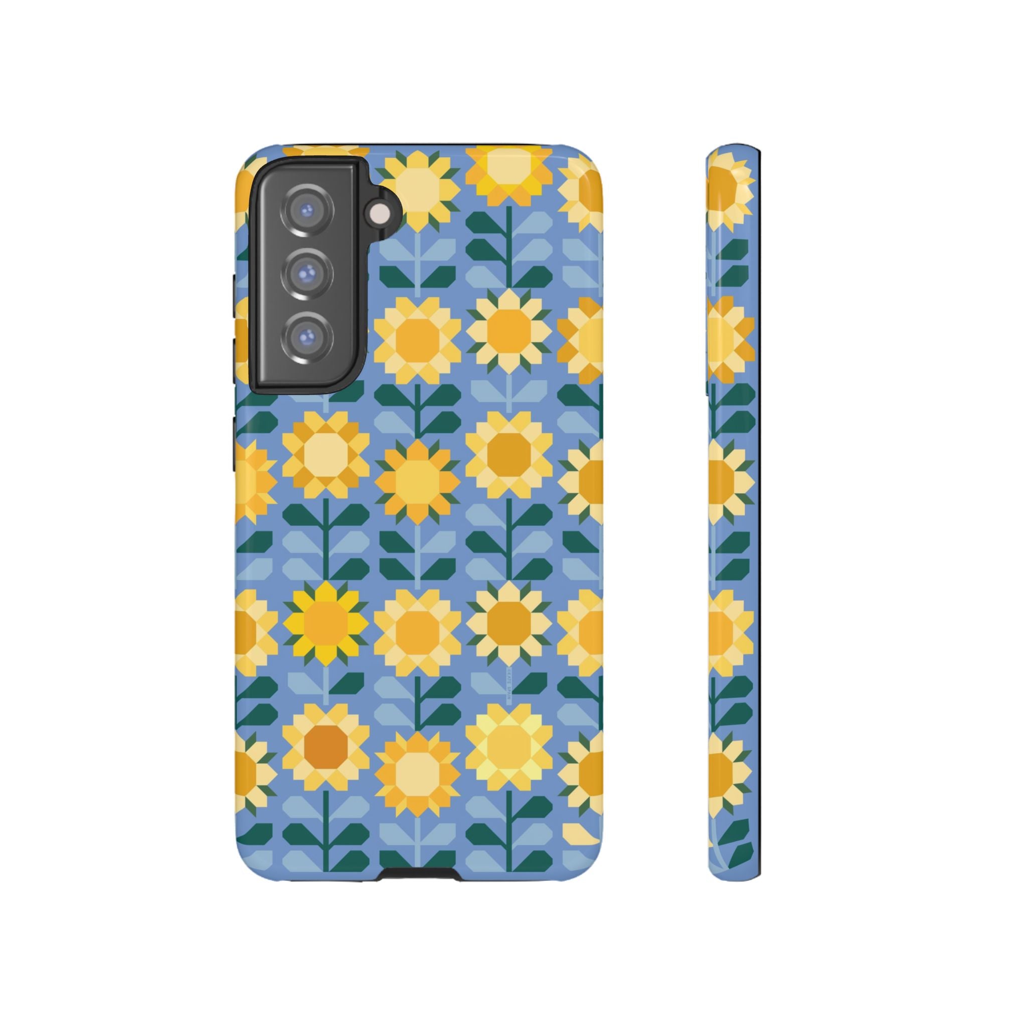 Luxury Sunflowers Samsung Galaxy S21 FE Case – Glossy | blue, yellow, gold geometric sunflower print 