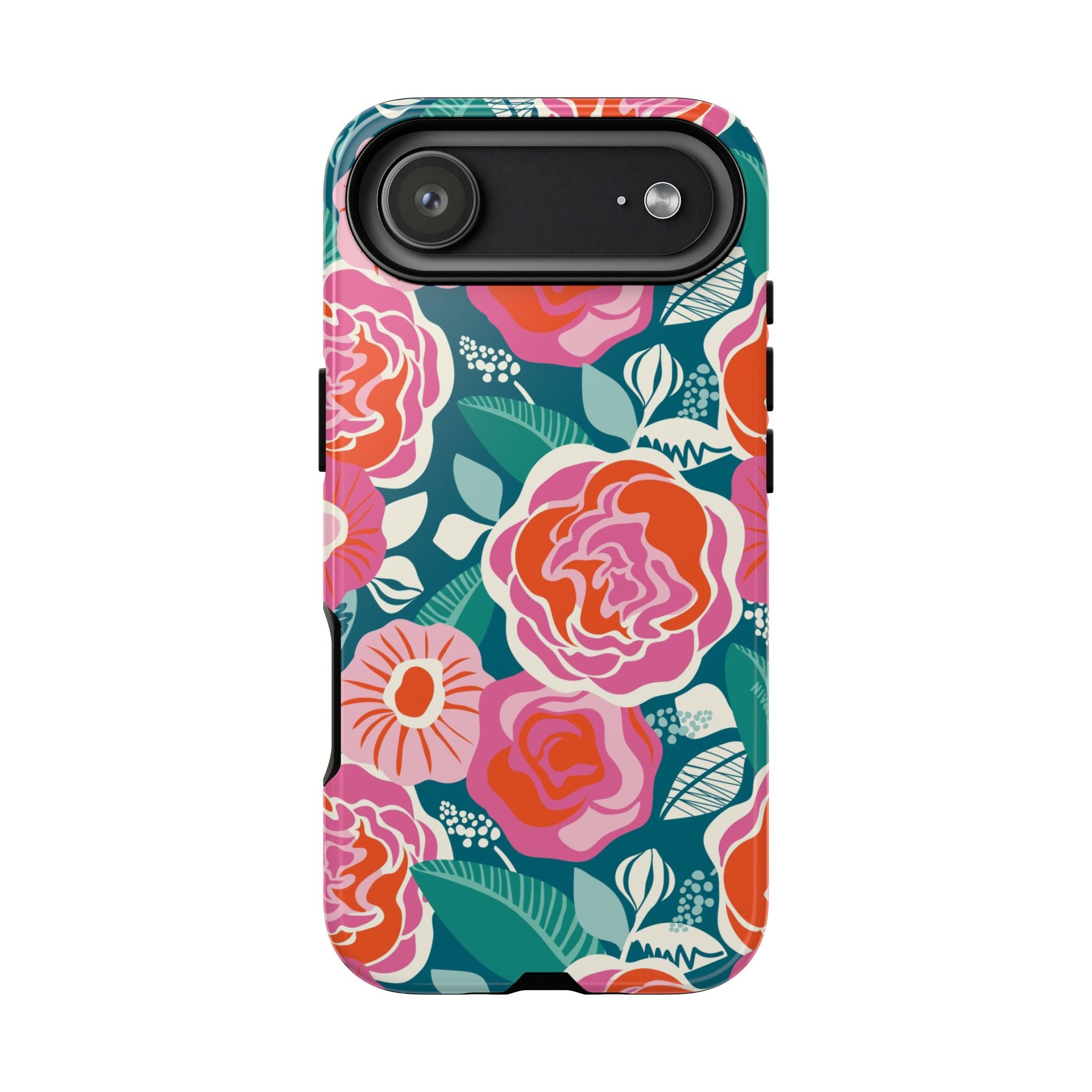 Tea Rose Teal Tough iPhone 17 Air Case – Glossy | teal, coral, pink botanical rose floral print