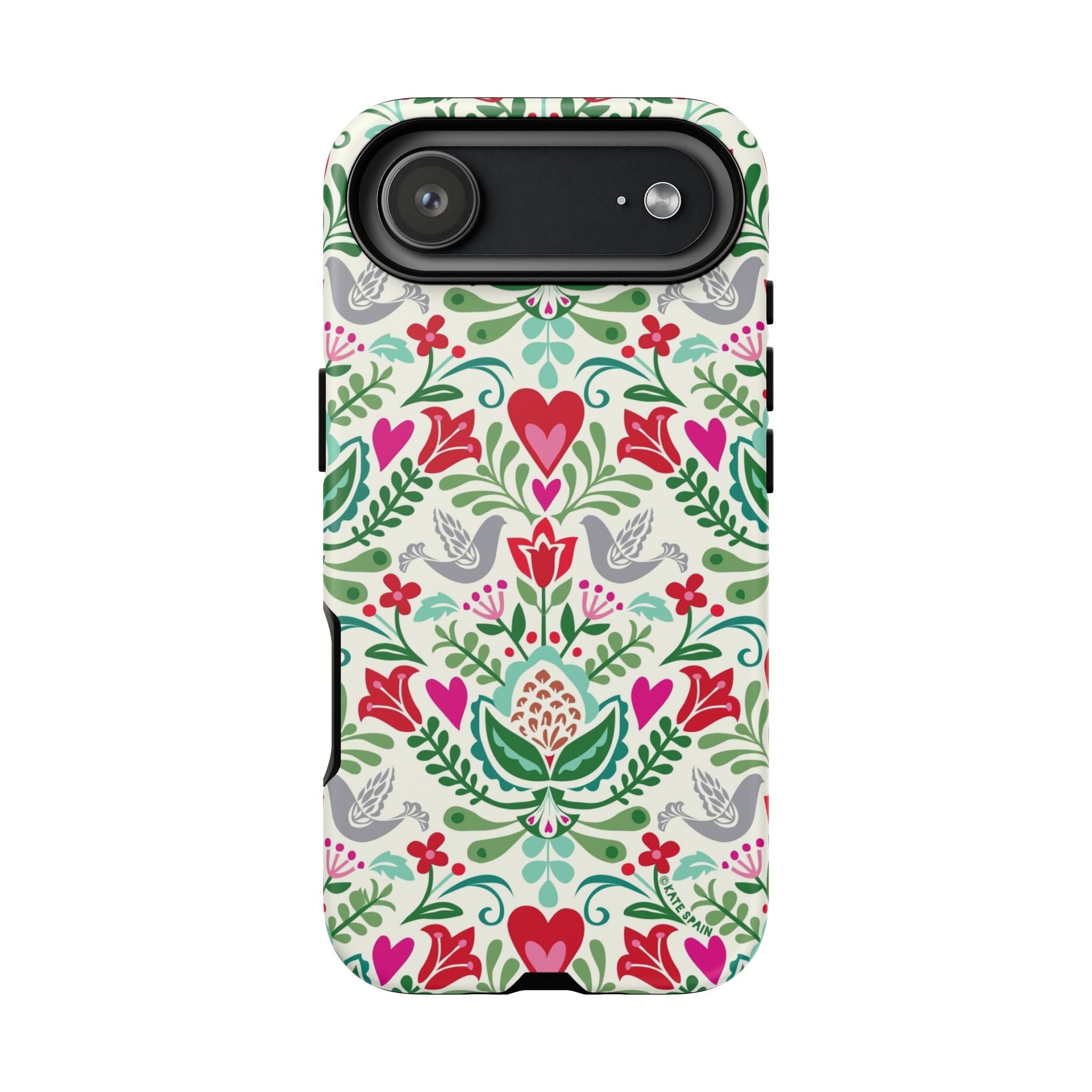 Rosemaling Tough iPhone 17 Air Case – Matte | cream, red, pink, green, gray folk art floral bird print