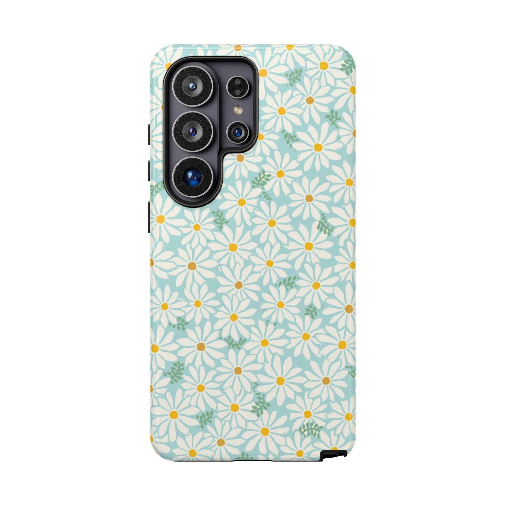Daisies Samsung Galaxy S26 Ultra Case – Glossy | sky blue, white daisy print, golden yellow centers, mint green leaves dual-layer protection