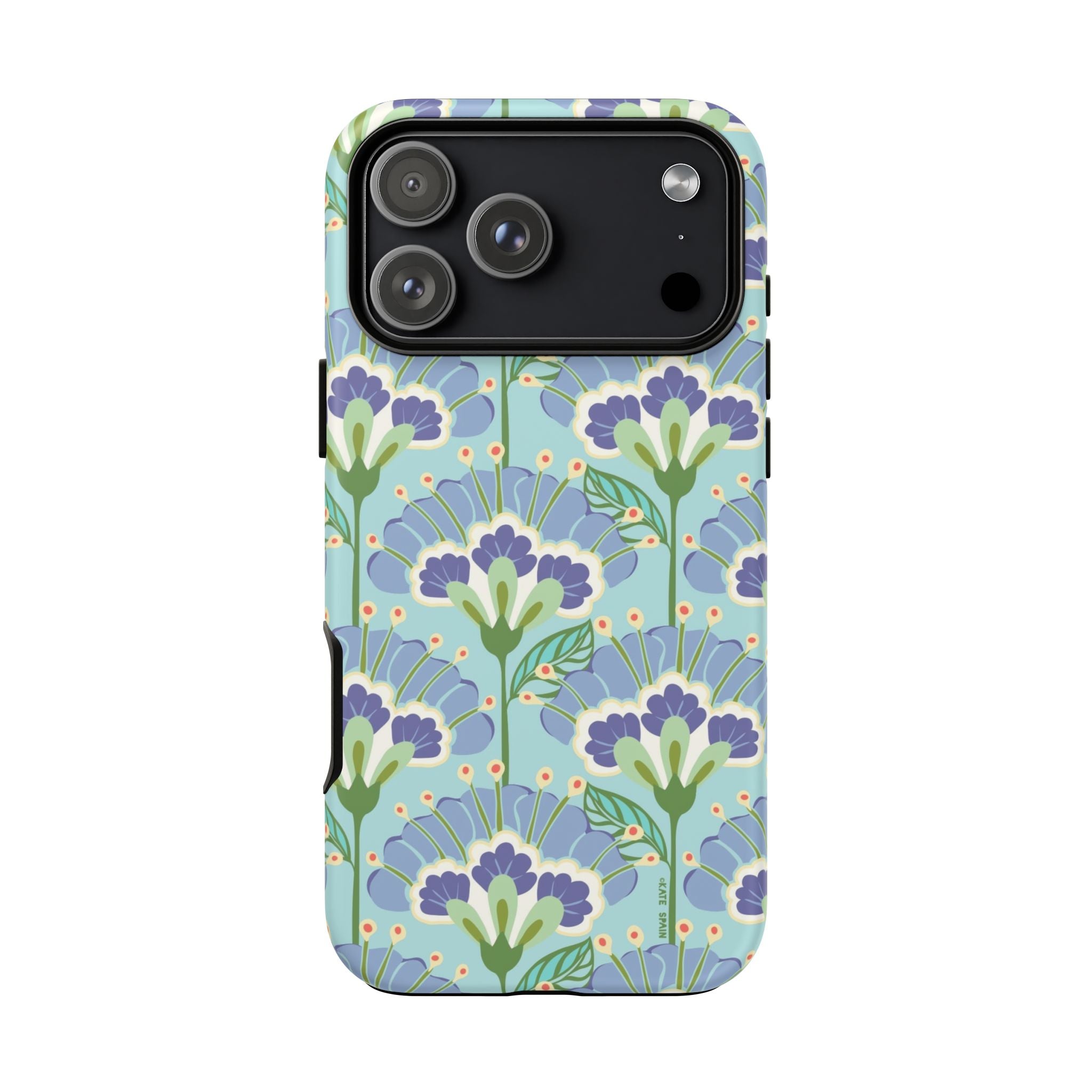 Lantern Flower Tough iPhone 17 Pro Max Case – Matte | aqua, periwinkle, green botanical lantern floral print