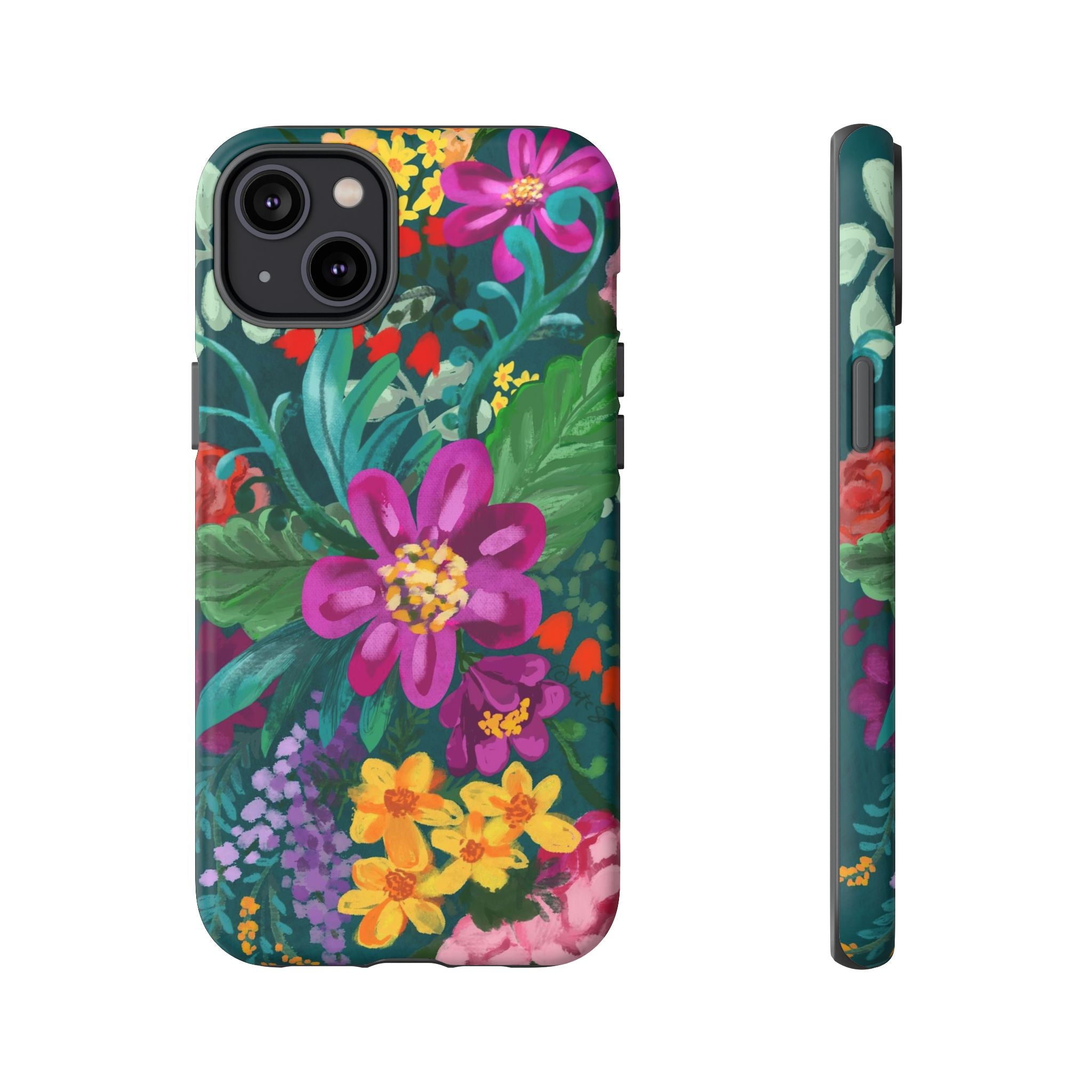 Posy Tough iPhone 14 Plus Case – Matte | teal, purple, magenta, yellow botanical wildflower print