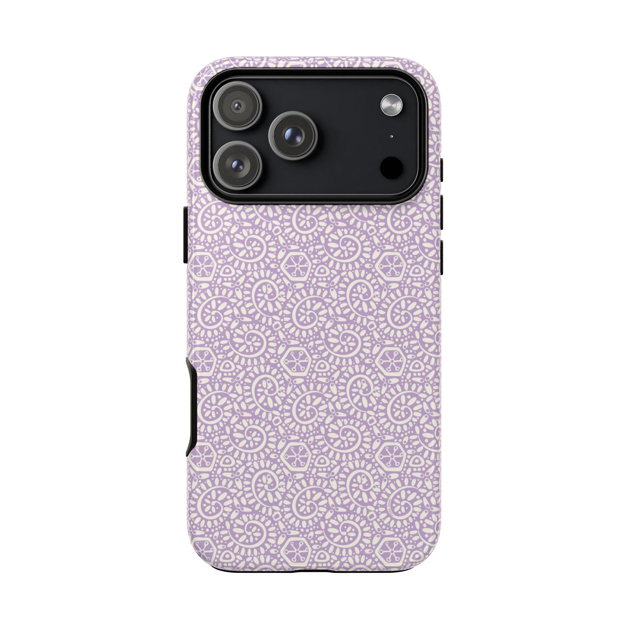 Canto Swirls Lavender iPhone 17 Pro Max Glossy Case — lavender hard case covered in an intricate folk-art medallion pattern of radiating circular motifs, dot clusters, and geometric centers