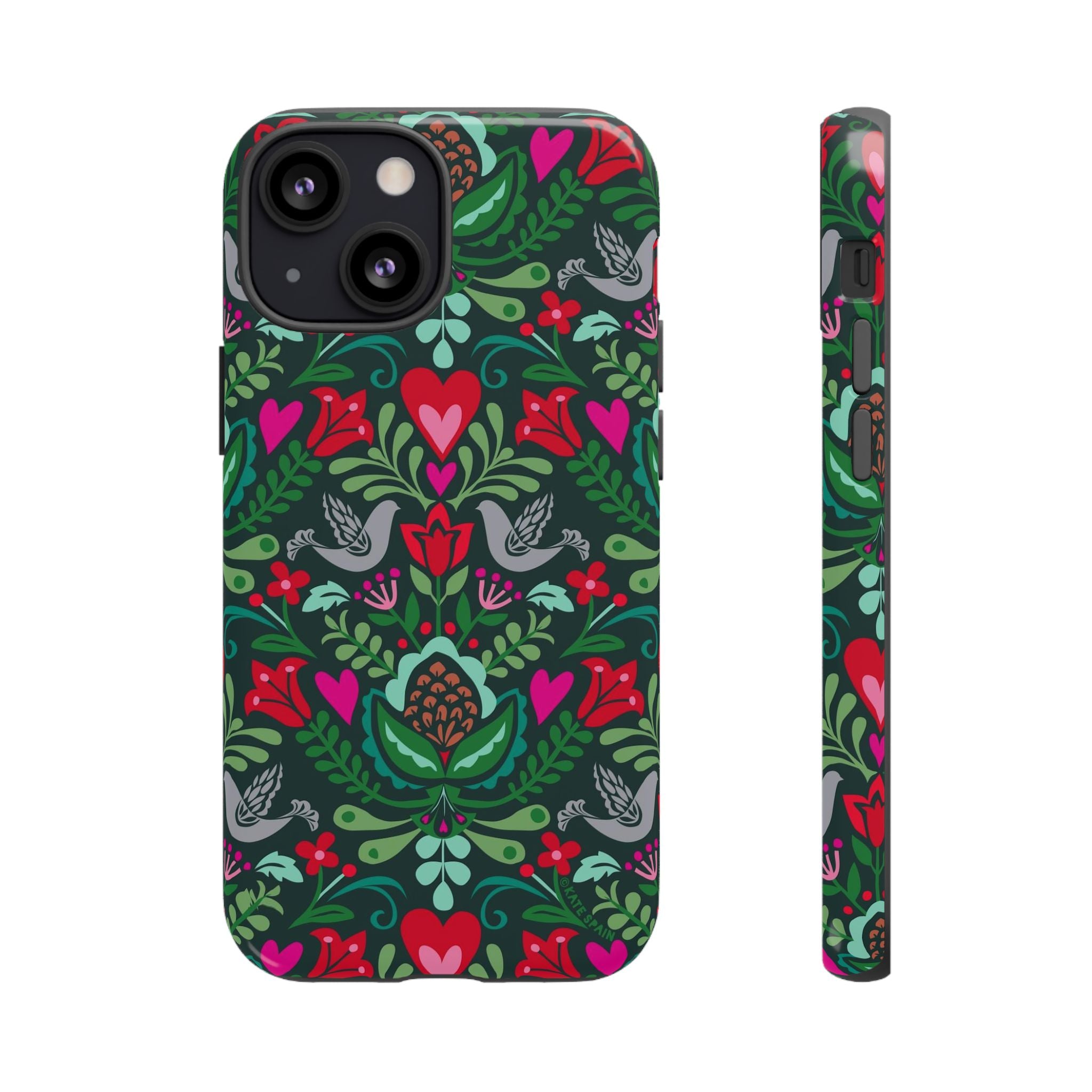 Rosemaling Tough iPhone 13 Mini Case – Glossy | dark green, red, pink, gray folk art floral bird print